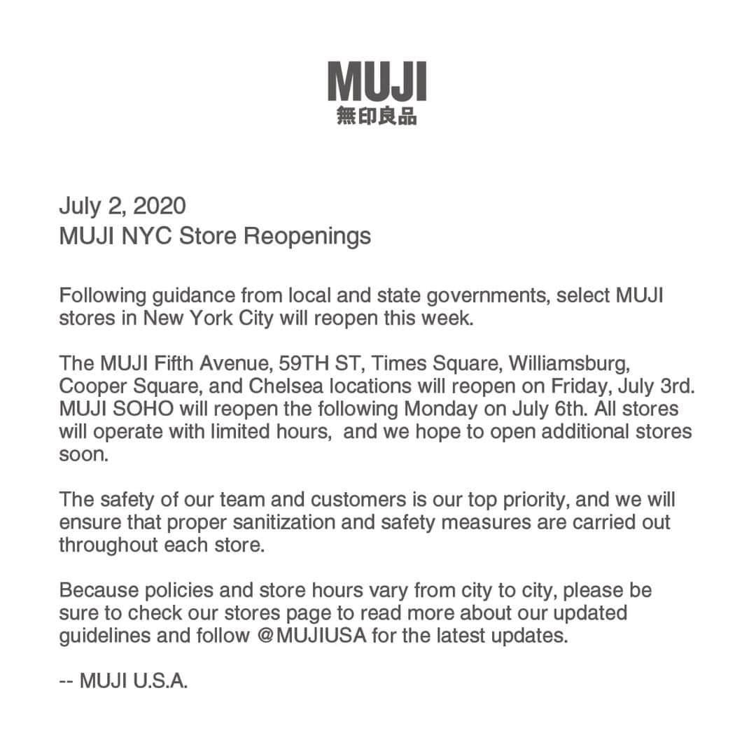 MUJI USAさんのインスタグラム写真 - (MUJI USAInstagram)「An update on store reopenings from MUJI.  #muji #mujiusa #nyc」7月3日 5時03分 - mujiusa