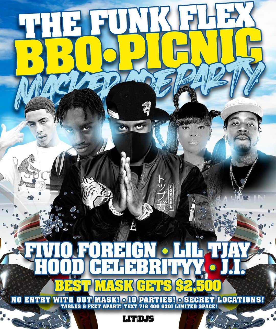 ファンクマスター・フレックスのインスタグラム：「FINALLY! WANNA PARTY SAFELY? WANNA CELEBRATE YOUR BDAY? BOOKING INFO: LITDIGITALDJS@GMAIL.COM 10 PARTIES! FUNKFLEX MASK-ERADE BBQ PICNIC PARTIES ! $2500 FOR BEST MASK! SECRET LOCATIONS! @joejaxson FOR TABLE RESERVATIONS ! NO TIX AT DOOR! SOCIAL DISTANCING SEATING! @purellbrand station! TEMPERATURES TAKEN AT THE DOOR! FUNKFLEX 3 HOUR SET! CONFIRMED: @fivioforeign_8fs x @liltjay x @hoodcelebrityy x @iamj.i WHO ELSE SHOULD I ADD TO THESE PARTIES?」