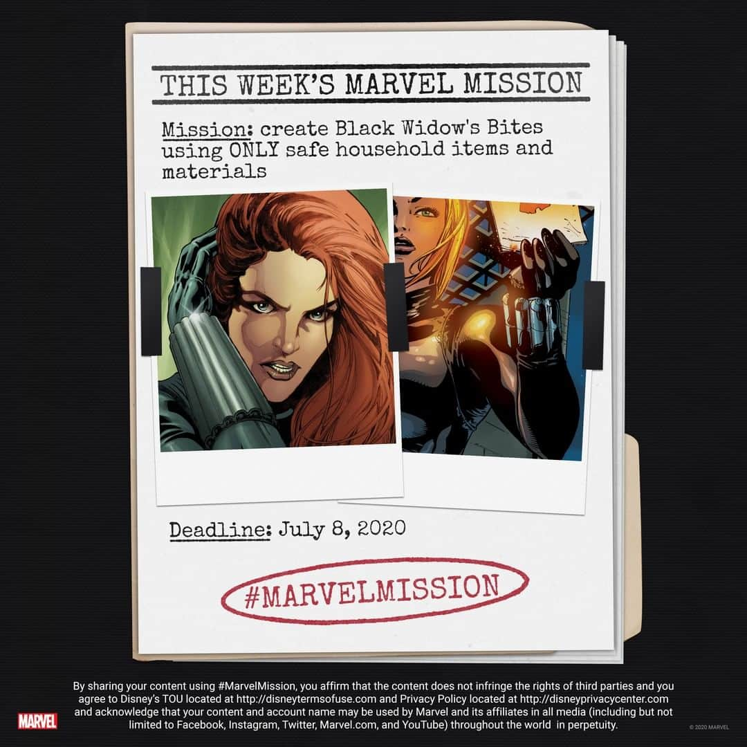 Marvel Entertainmentさんのインスタグラム写真 - (Marvel EntertainmentInstagram)「THIS WEEK'S MISSION: Create Black Widow's Bites using ONLY safe household items and materials.   You have one week to complete your task. Post your photo or video here with the #MarvelMission hashtag for the chance to be featured in our round-up of favorites! #MarvelAtHome」7月3日 7時30分 - marvel