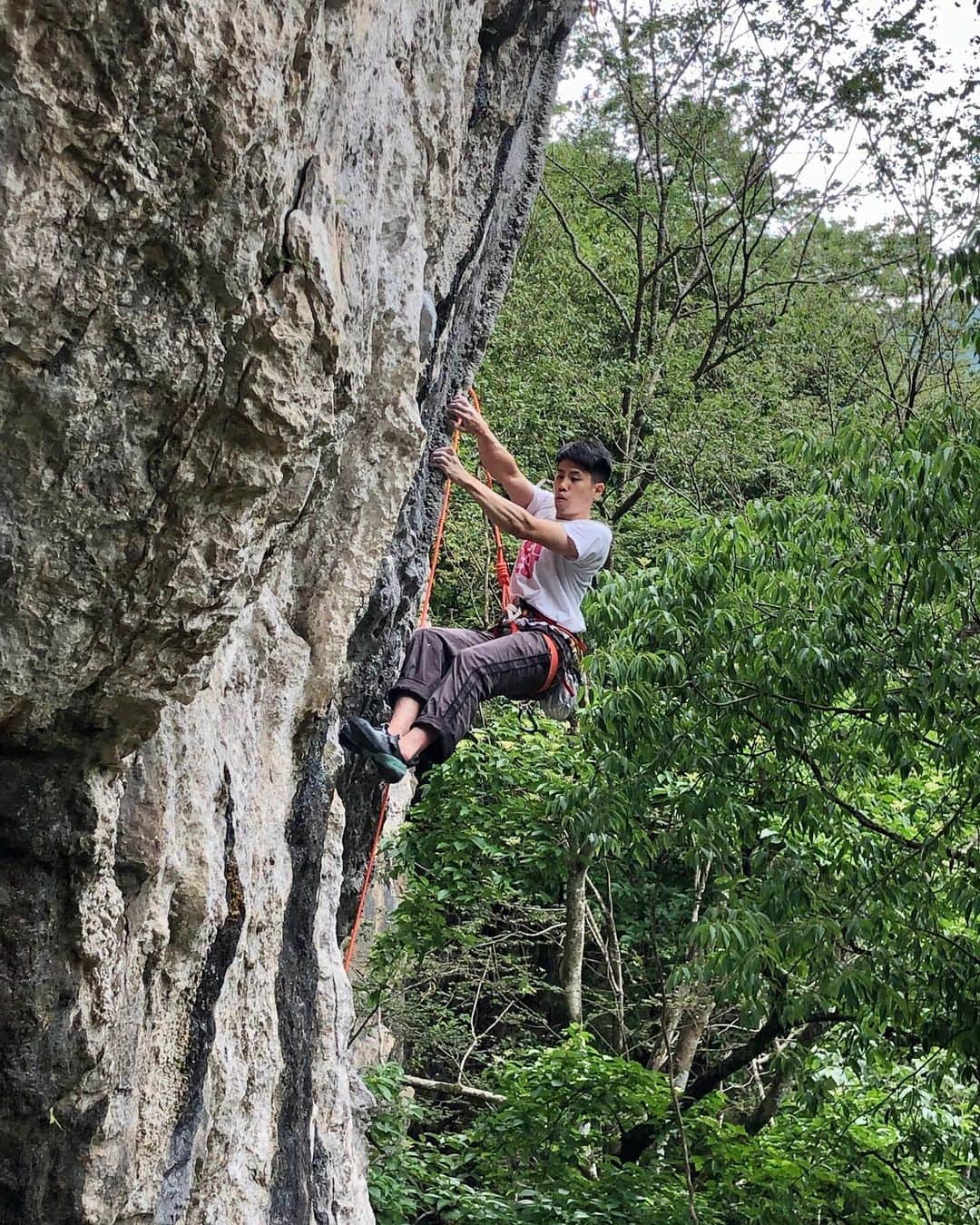 義村萌のインスタグラム：「2020.06.22  芹谷 . 鳳来予定だったけど雨だったので芹谷へ。 石灰岩ものすごく楽しかった☺️ ヒルはめちゃくちゃいて恐怖すぎた。 自分の写真はないので梶さん。  #climbing #leadclimbing #芹谷」