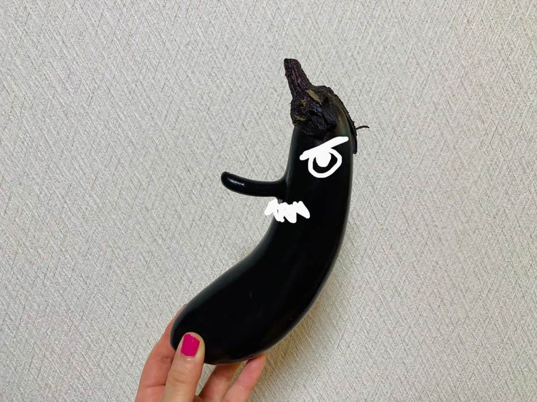 のインスタグラム：「天狗の形をしたなすが採れたよ🍆笑 #お父さんもびっくり #わたしはもっとびっくり😂 #みなさんはーーー🤔？ #笑笑 #農家の娘 #👩‍🌾」
