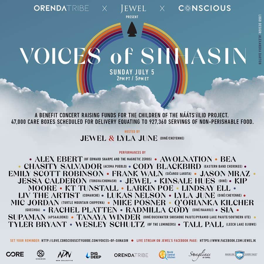 ジェイソン・ムラーズのインスタグラム：「Tune in this Sunday, July 5th at 2pm PT/5pm ET for the VOICES OF SIIHASIN (hope) Benefit Concert to raise funds for the Diné (Navajo Nation) children & families affected by COVID-19, who are critically in need. Watch live at youtube.com/jewel or facebook.com/jeweljk #spreadloveshinelight #voicesofsiihasin @orendatribe」