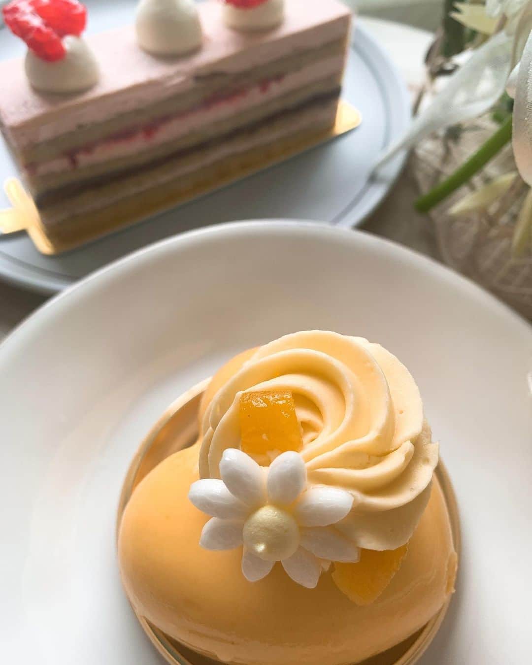 愛純もえりのインスタグラム：「初めて行くお店でした🌸 お持ち帰りで . . ケーキの名前忘れちゃった。。。 手前の💛は柑橘系のムースの中に色んな味のジュレやスポンジが✨ . 奥のはフランボアジェだった気がする。。。😂 フランボアーズ、ショコラ、ピスタチオ、がふわぁ〜って広がるお味💓」