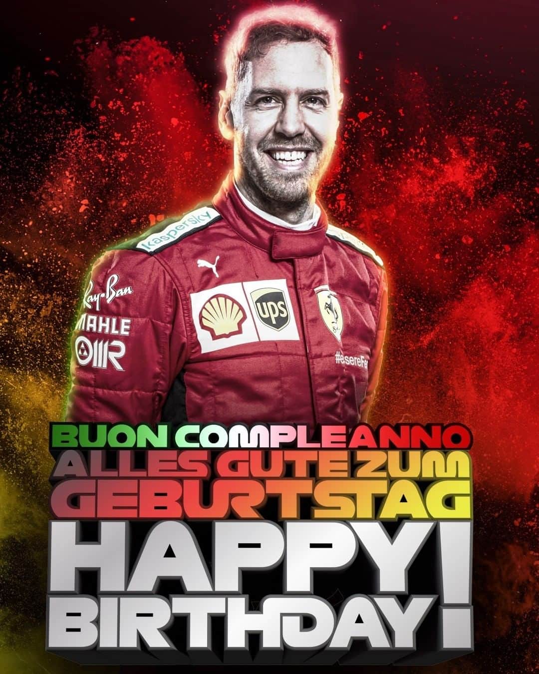 のインスタグラム：「Happy birthday, Weltmeister 🎉 . Four-time champion of the world Sebastian Vettel is 33 today! We know you don't have Instagram, Seb - but hope you enjoy your present of being back on track 😍 . #F1 #Formula1 #HappyBirthday #SebastianVettel @scuderiaferrari」