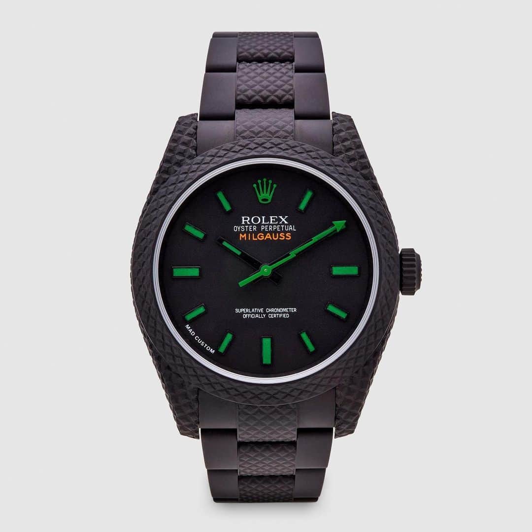 HYPEBEASTさんのインスタグラム写真 - (HYPEBEASTInstagram)「@hypebeaststyle: @mad_paris has returned with three new custom @rolex watches. The first Milgauss features a matte black body coating with diamond-shaped engraving and contrasting bright green components, while the second Milgauss takes on a metallic blue hue with black details on the dial. The Datejust 36mm with a roman dial comes finished in a shinier black coating and equipped with an off white-hued dial with black and purple details. All three options are available now at @doverstreetmarketlondon’s website for $32,500 USD, $28,000 USD and $23,800 USD respectively. ⁠⠀ Photo: Dover Street Market」7月3日 19時16分 - hypebeast