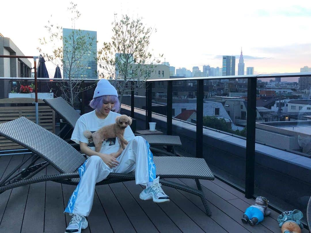 中川友里さんのインスタグラム写真 - (中川友里Instagram)「sunset chilling 癒し時間🥺❤️ @a.loveyourselffirst ちゃんありがとう🐶💞🐶 ・ ・ ・ ・ 髪の毛の黄ばみが嫌で薄紫に染めました✌️ @staircase_nakamura さんありがとうございます🥺☺️❤️  1か月以上の顔の歪みは　@mani.mint_kogao さんで小顔矯正して、身体の歪みは　@chimotoseikotsuin さんへ。ほんとヘトヘトでしたね！ってカラダ触られて言われて自分でもバキバキだったし限界だったわ。癒しをありがとう🥺💕はにちゃんももんちゃんも可愛い🥺💕 #chilltime #sunset #evangelion #jouetie  @champion  @jouetie_official  @louisvuitton」7月3日 23時28分 - darayunya