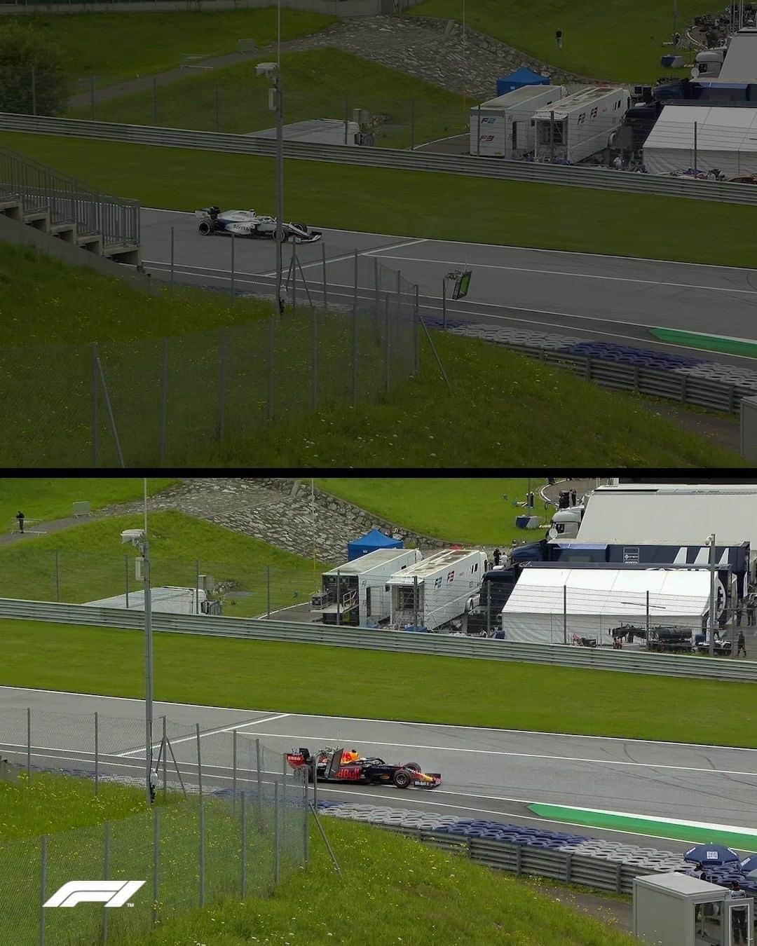 のインスタグラム：「Turn 1 bites! Verstappen got swapped up during FP1, with new blood Latifi having a similar spin in FP2 🔃🥴 . #F1 #Formula1 #AustrianGP」