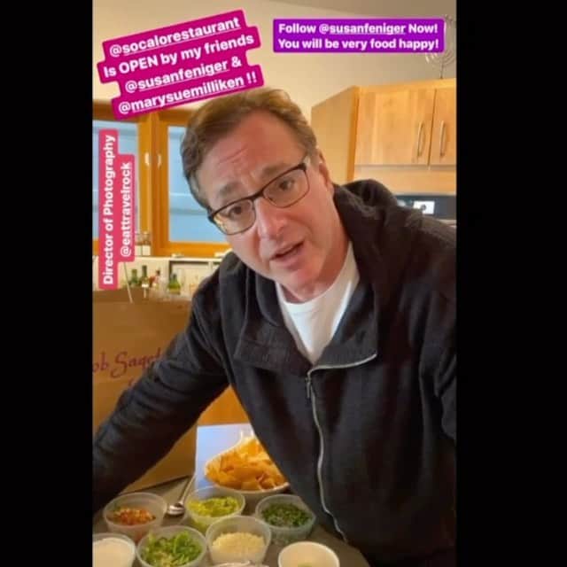 ボブ・サゲットのインスタグラム：「Follow my friend @susanfeniger on Instagram immediately! She’s so much fun to follow. She and @marysuemilliken are amazing friends and @bravotopchef Masters who own @socalorestaurant in Santa Monica — So this is my self-induced commercial for their amazing restaurant and business that’s now finally open for delivery and outdoor social distanced dining. I love Susan so much— Besides being an amazing friend and insanely talented Chef, she’s also  the first Board Member of our beloved Scleroderma Research Foundation @srfcure over 35 years ago— So apologies for this video I slapped together about as rough as they come, but she’s my friend and one of the best people I know. The food is amazing and as most of you don’t live anywhere near it, you can follow the restaurant and by following @susanfeniger you will get great ideas and recipes and also see her charm and love for food and all people. The restaurant website is :  https://www.socalo.com/ - And eat there or have their food at home if you can. ❤️🍷🥂🍴🎺🌮🥗🇲🇽」