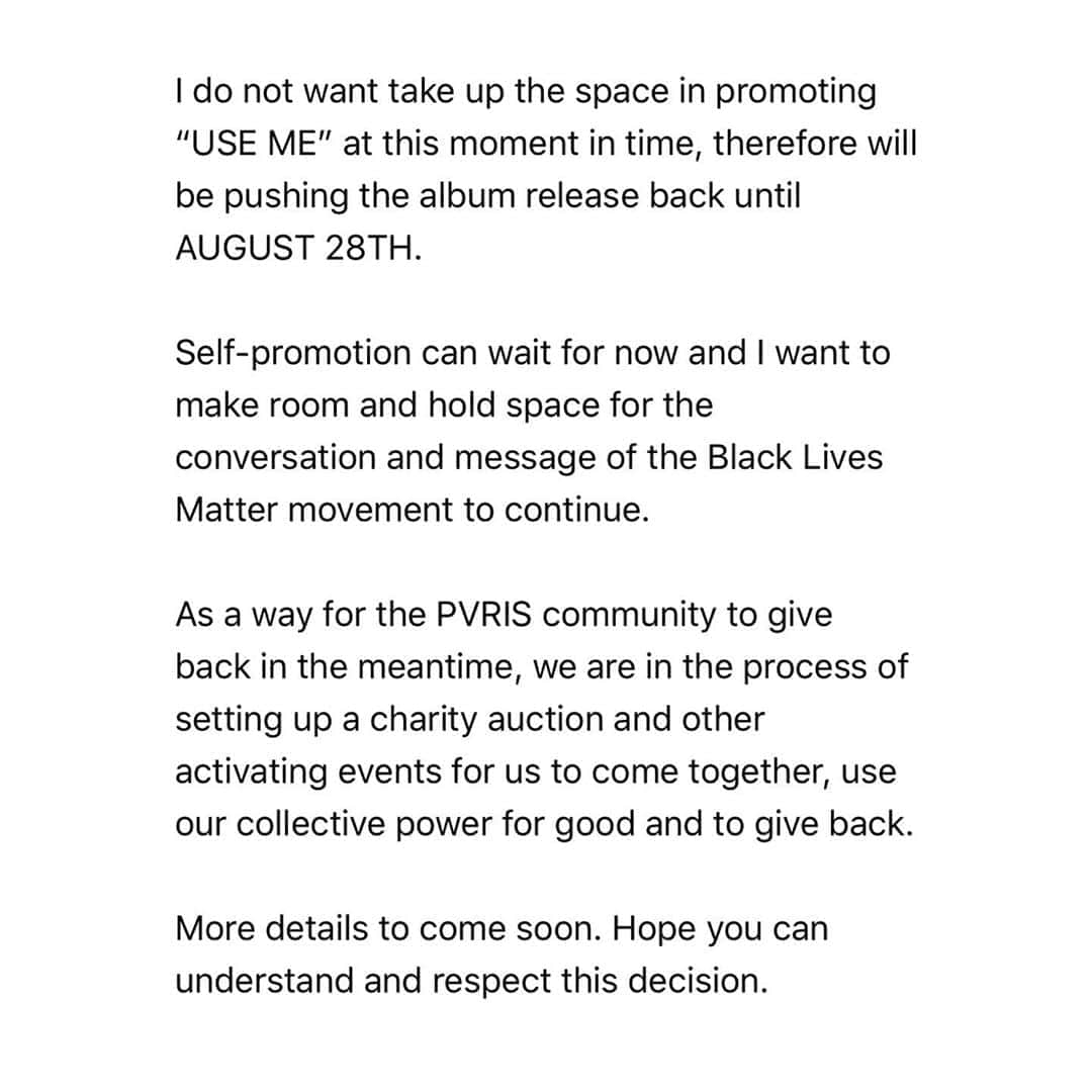 PVRISのインスタグラム：「The release of “Use Me” has been pushed to August 28. Please see above for a message from @lynngvnn regarding the change.」