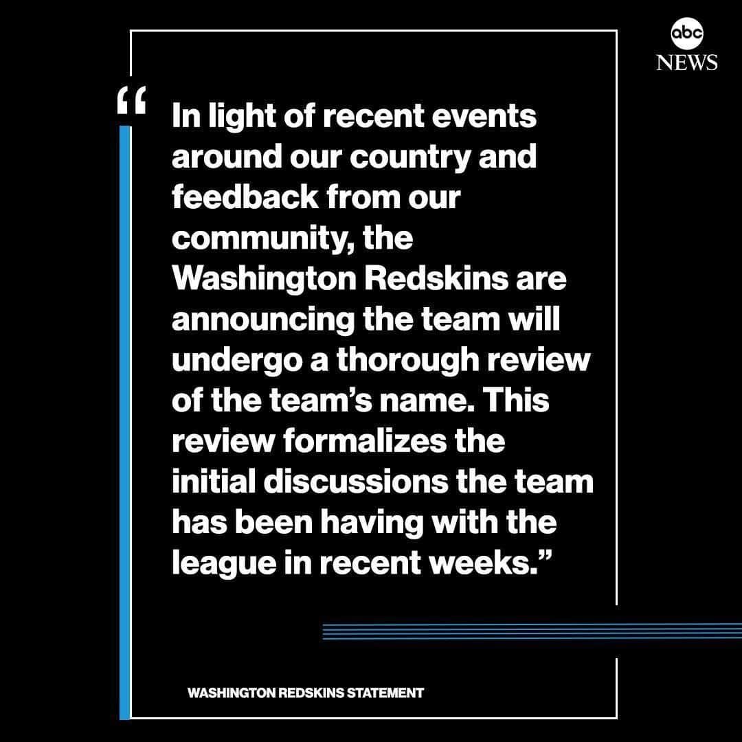 ABC Newsさんのインスタグラム写真 - (ABC NewsInstagram)「The Washington Redskins, the NFL football team representing the nation’s capital, announced it would begin a “thorough review” of its controversial name that Native Americans have long objected to as racially offensive.」7月4日 7時15分 - abcnews