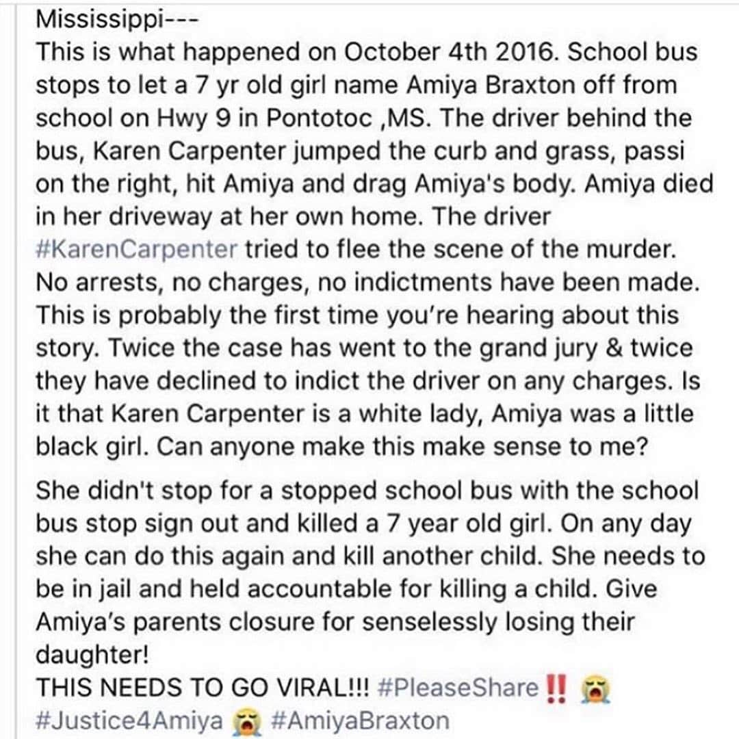 トレイ・ソングスさんのインスタグラム写真 - (トレイ・ソングスInstagram)「@wtva9news why haven’t y’all covered this? We know why! #AmiyaBraxton A seven-year-old little black girl gets off of a school bus at home!!! A white woman,  #KarenCarpenter drives around the bus, killing Amiya in her own driveway.  She then tries to flee the scene, she hasn’t spent a second in jail. Mississippi is obviously a state that’s trying to keep perpetuating the culture of white supremacy.  The victim, an innocent black child does not matter to you?! How is this murderer sitting at home free today? Cause she white that’s how! The media didn’t cover the story, @wtva9news fuck y’all.  We have to be our own media… This beautiful little girl was killed in 2016!! Her family has been suffering the entire time and has seen absolutely NO JUSTICE!!! #BlackLivesMatter ✊🏾」7月4日 9時14分 - treysongz