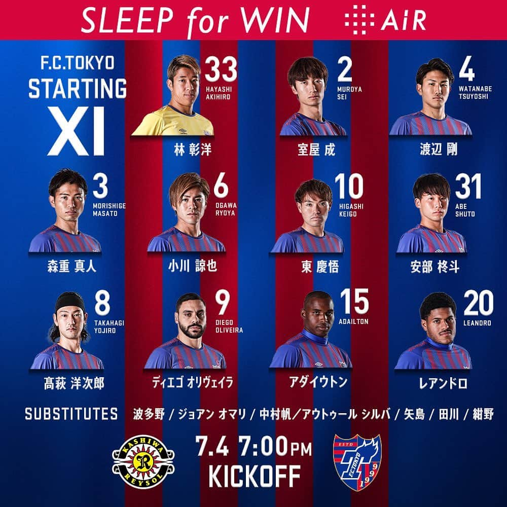 FC東京オフィシャルグッズさんのインスタグラム写真 - (FC東京オフィシャルグッズInstagram)「🔵🔴 #STARTINGXI . vs #柏レイソル スターティングメンバーが発表されました!!🔵🔴 @fctokyoofficial  #AiR  #STAYWITHTOKYO  #fctokyo #tokyo」7月4日 16時54分 - fctokyoofficial