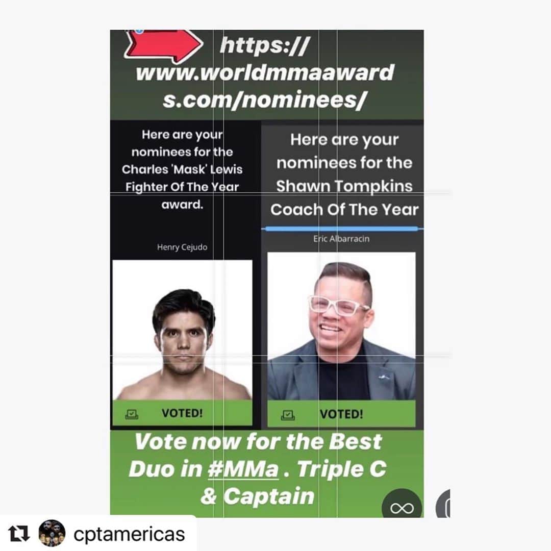 ジョン・チャンソンさんのインスタグラム写真 - (ジョン・チャンソンInstagram)「🔥🔥🔥🔥🙌🙌 #Repost @cptamericas with @make_repost ・・・ Vote and share Today and Be sure to Vote for the best Duo in #MMA 👊🏽🤼‍♂️🥊 Triple C Henry Cejudo & The Captain   https://www.worldmmaawards.com/nominees/」7月4日 17時44分 - koreanzombiemma