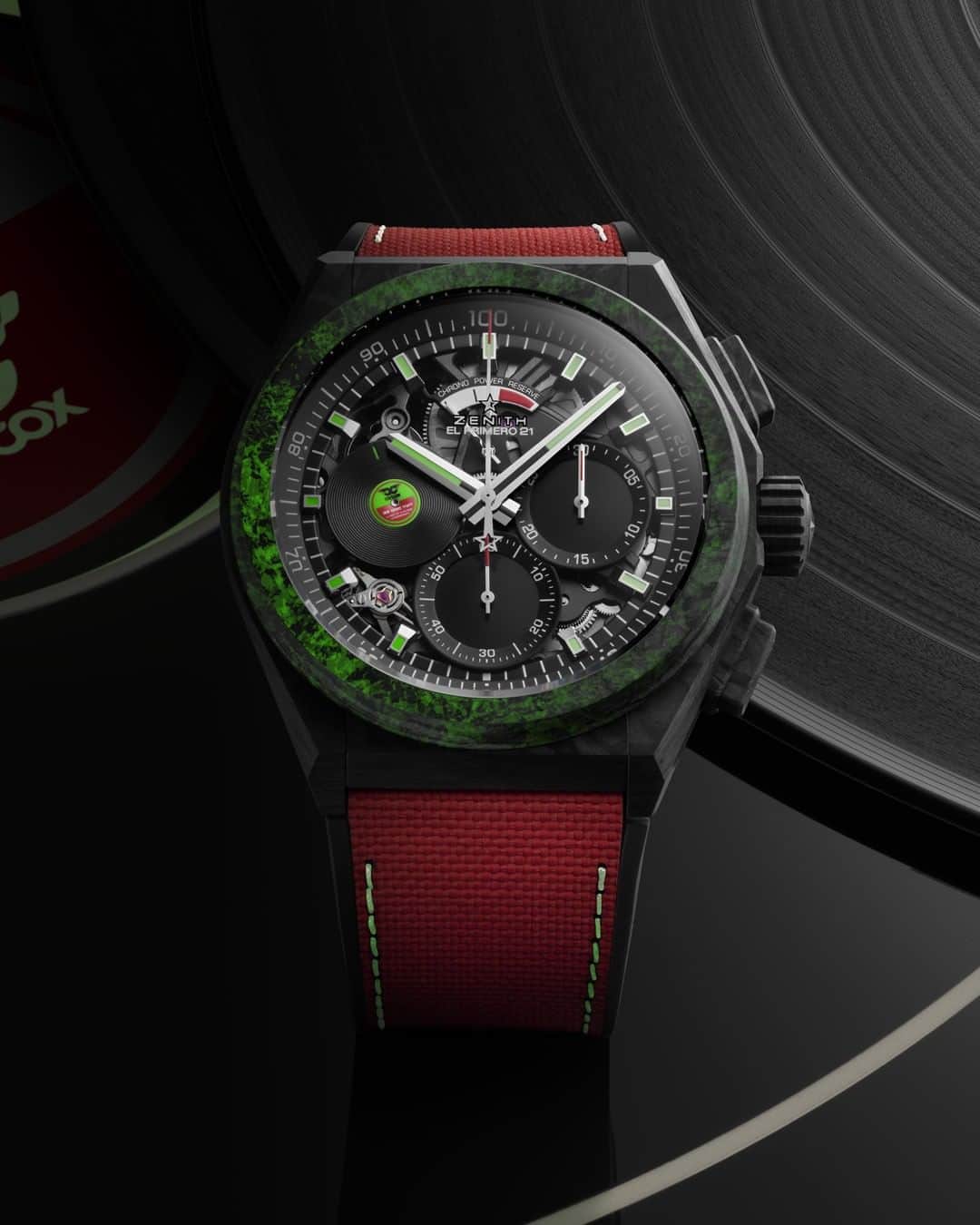 ゼニスのインスタグラム：「#CarlCox: Glowing in places you wouldn’t expect. A nod to nightlife, the DEFY 21 Carl Cox‘s carbon bezel and strap stitching are infused with luminescent pigments.  #Zenith #ZenithWatches #Watches #Watch #Watchesofinstagram #Watchfam #WatchoftheDay #Luxury #WatchAddict #Watchcollector #Horology #DailyWatch #ElPrimero #Chronograph」