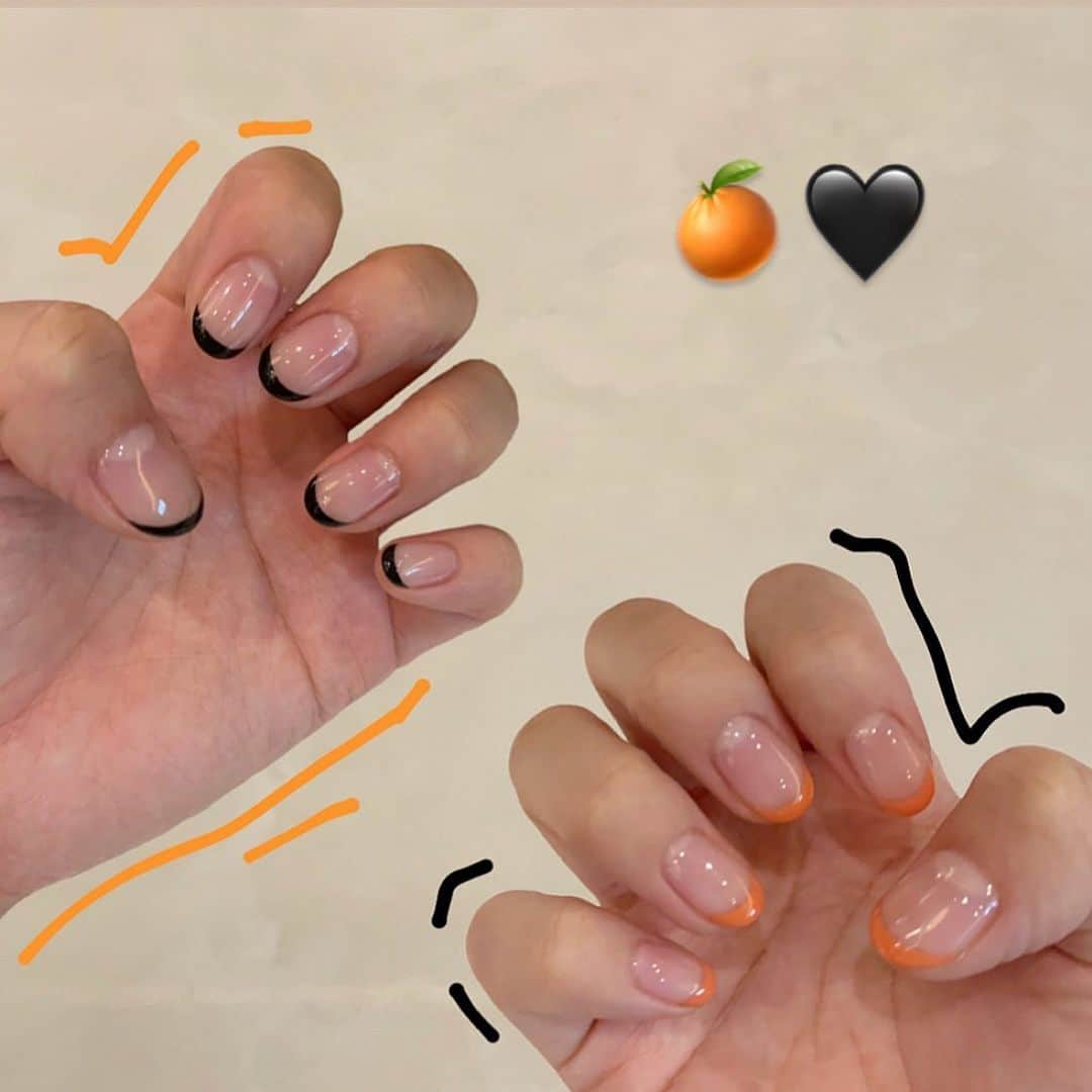 山下恵奈のインスタグラム：「BLACK ORANGE カムバした #ネイル#ジェルネイル#フレンチネイル」