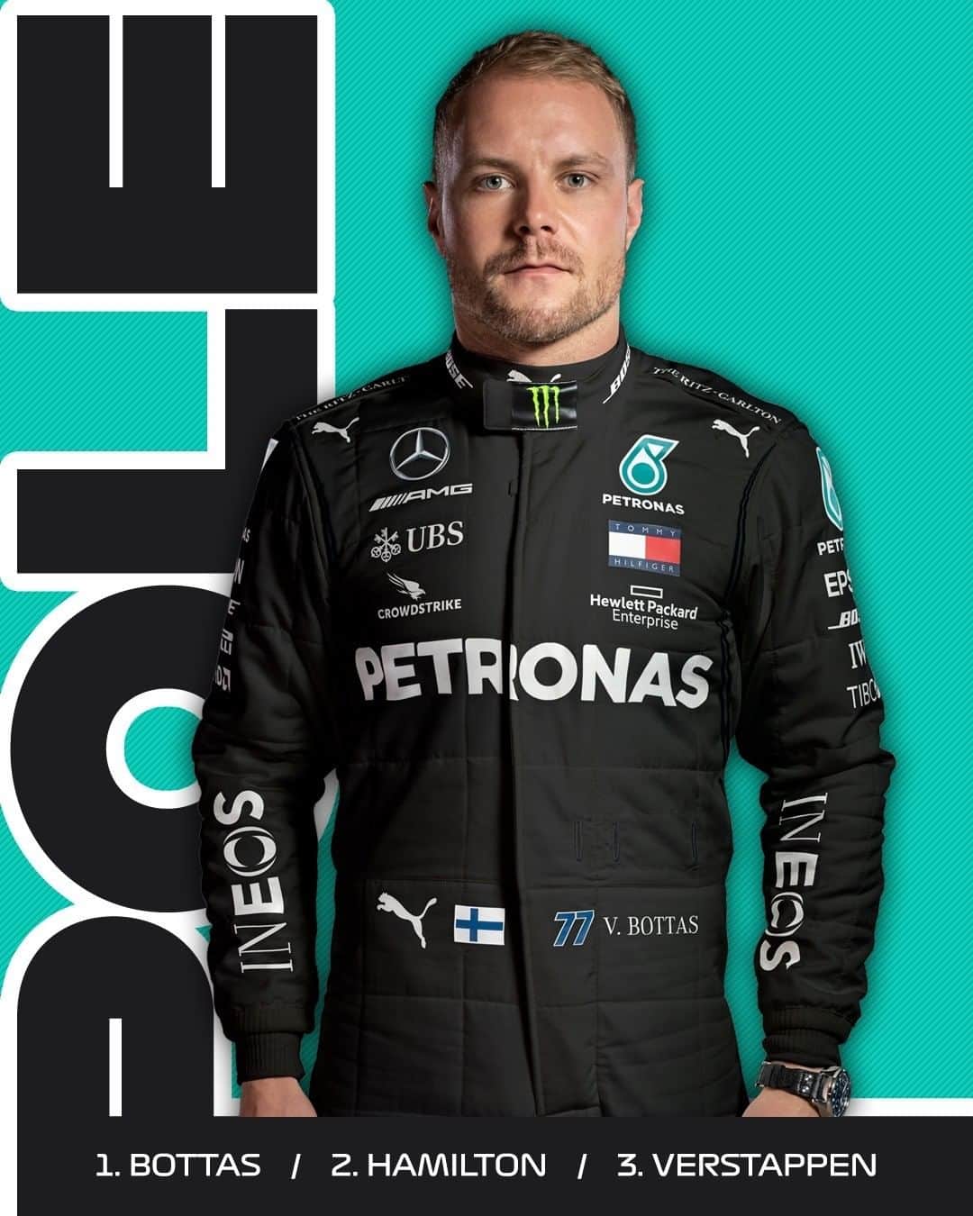 のインスタグラム：「BREAKING: Valtteri Bottas takes the first pole position of 2020! ⏱🇦🇹 .  #F1 #Formula1 #AustrianGP #ValtteriBottas #MercedesAMGF1 @valtteribottas @mercedesamgf1」