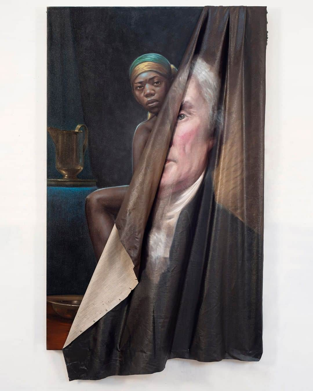 TED Talksさんのインスタグラム写真 - (TED TalksInstagram)「In this painting — titled “Behind the Myth of Benevolence” —  a portrait of Thomas Jefferson is pulled back, almost like a curtain, to reveal a Black woman. Artist Titus Kaphar says the woman represents not only Sally Hemings — who was enslaved by the founding father and is believed to have bore his children — but also every other Black woman at Monticello and other plantations. It fits into Kaphar’s style of “altering” historical paintings: physically cutting out characters to emphasize their absence or covering them in white resin to bring forgotten Black characters to the fore. “I believe there is beauty in hearing the voices of people who haven't been heard,” he says. “There is something beautiful in truth-telling.” Visit the link in our bio to see more of his stunning work and watch his full TED Talk on how art opens us up to difficult conversations. @__nxthvn__⁠ ⁠ [Image: @gagosian]⁠ ⁠」7月5日 0時01分 - ted