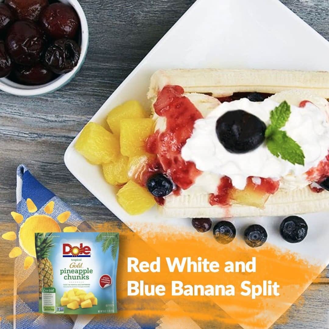 Dole Packaged Foods（ドール）のインスタグラム：「Escape the Summer heat and dive into something sweet this Fourth of July with our Red, White, and Blue Banana Split.   Ingredients: 1-1/2 cups frozen DOLE® Sliced Strawberries, partially thawed 1 tablespoon sugar 1-1/2 cups frozen DOLE Tropical Gold® Pineapple Chunks, partially thawed 3 medium DOLE Bananas, peeled and cut into halves lengthwise 2 small scoops vanilla sorbet or any flavor 1/2 cup frozen DOLE Blueberries or DOLE Raspberries   Steps: Mash strawberries with sugar in medium bowl; set aside. Arrange banana halves in 3 banana split dishes. Divide pineapple chunks down center of each dish. Place 2 scoops of sorbet on top of each; spoon mashed strawberries over sorbet. Top with blueberries. Garnish with mint, if desired.」