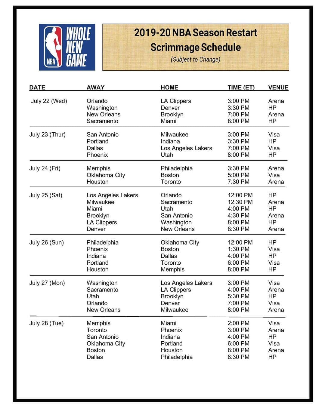 NBAさんのインスタグラム写真 - (NBAInstagram)「The NBA Season Restart Scrimmage Schedule!  From July 22-28, participating teams will compete in three inter-squad scrimmages in final preparation for the resumption of the season on July 30. #WholeNewGame」7月5日 0時58分 - nba