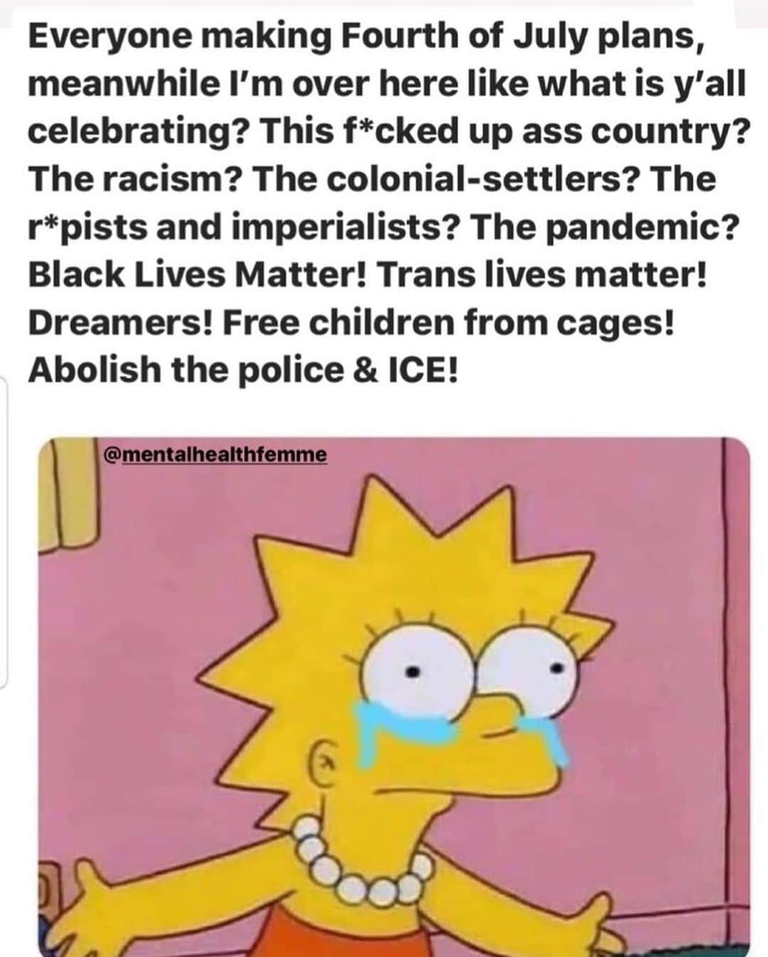 ミーナ・スヴァーリのインスタグラム：「I came across this meme the other day, and it really gripped me.  It’s not like I wasn’t aware of so much of this, already, it’s just to prove the point and pose the question of “what are we really celebrating?”.  So many of us need to free our minds from our own oppressive state.  With what limited amount I had previously, combined with the multitude of what I have currently learned, I will not celebrate today. Instead, I will pause. I will hold space to continue to learn and reflect upon the real history of this country and work to incorporate this knowledge into every fiber of my being.  Because I will not stand for hate.  I will not stand for oppression.  I will not, blindly, go into the abyss supporting continued sexism and racism and every single needless form of oppression.  ENOUGH IS ENOUGH.  We need change.  We need love.  We need accountability.  I encourage you, all, to use what opportunity you have to learn; educate yourself on what we have come from which only got us here.  We have such a long way to go.  We are not free. ✨✨✨✨✨✨✨✨✨✨✨✨✨✨✨✨✨✨✨ #WeAreNotFree #EducateDontHate #WeCanDoBetter #UseYourPrivelege」
