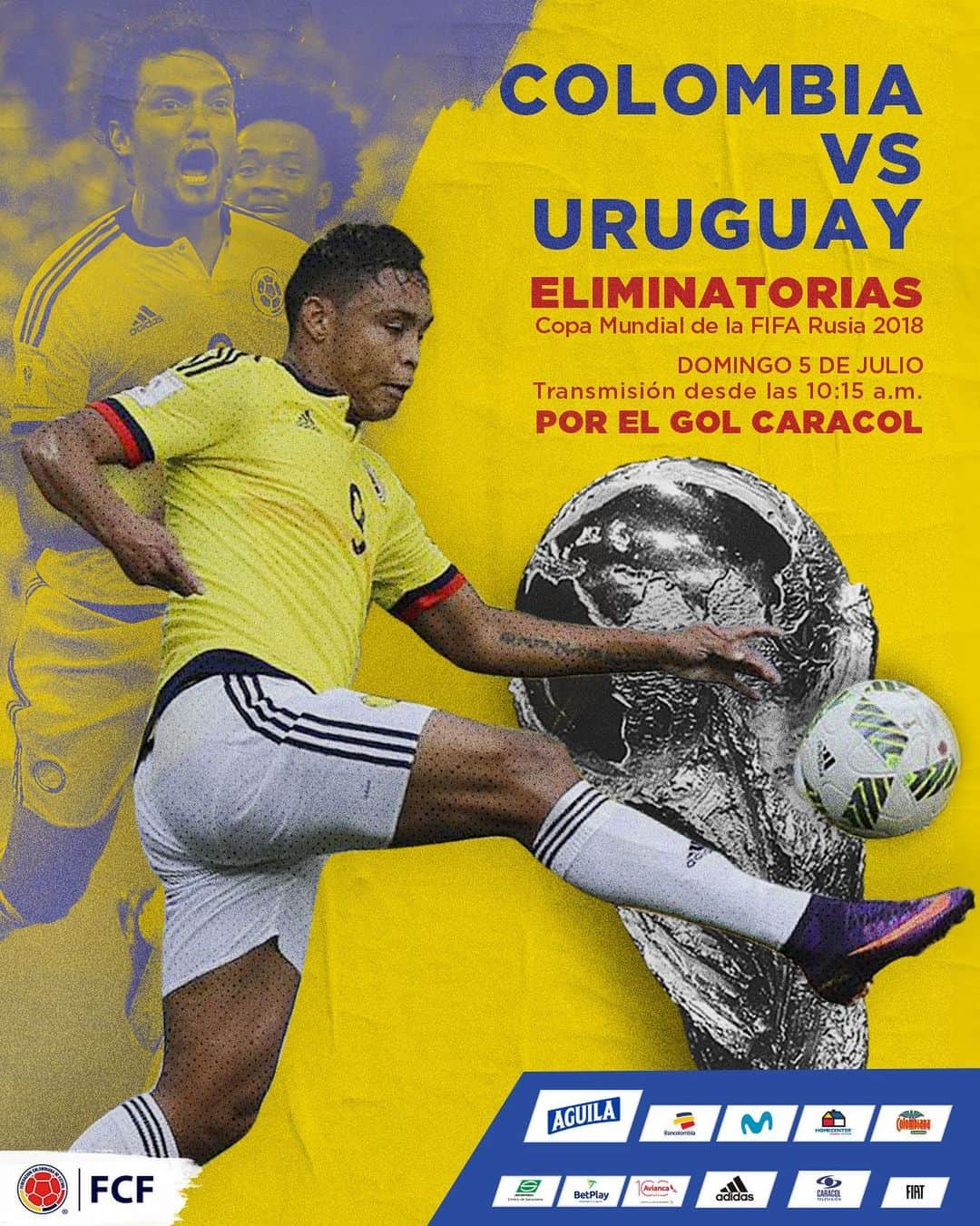 サッカー コロンビア代表チームのインスタグラム：「¡Un partido lleno de garra!  .  Revive el encuentro 🆚 Uruguay en Barranquilla por las Eliminatorias a Rusia 2018 🇨🇴  .  🏆 Eliminatorias Copa Mundial de la FIFA 2018 🆚 Uruguay 🗓 Domingo 5 de julio ⏱ 10:15 a.m. 📺 @golcaracol   .  #EnModoEliminatorias #ViveElGolCaracol」