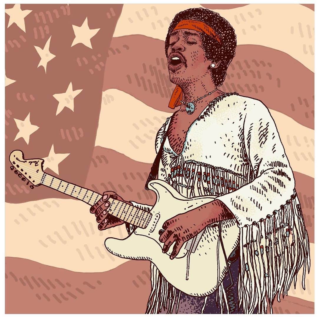 Fender Guitarさんのインスタグラム写真 - (Fender GuitarInstagram)「50 years and 10 months ago, Army Airborne veteran @jimihendrix took the stage at Woodstock. The middle of his nearly two-hour long set included a performance of Star Spangled Banner which would go down as one of the most iconic performances at Woodstock – and become symbolic of the entire 1960s. Firmly cemented as a moment in cultural history, critics were left questioning the motive behind the performance. While Hendrix took the stage at 9 a.m. on eight minutes of sleep and bent the anthem on his all-white Strat, war was raging across the globe. 35,000 American troops had died in Vietnam while, back in the States, the people were marching for Civil Rights and peace. 400,000 gathered in Woodstock that weekend in August, listening to Jimi evoke the sounds of combat and dissonance on his guitar, even dipping into the melody of Taps, a song traditionally played at military funerals. Later, when he was interviewed by Dick Cavett, Hendrix said he didn't think his performance was unorthodox – he thought it was beautiful.  Illustration by @adamvillacin」7月5日 3時19分 - fender