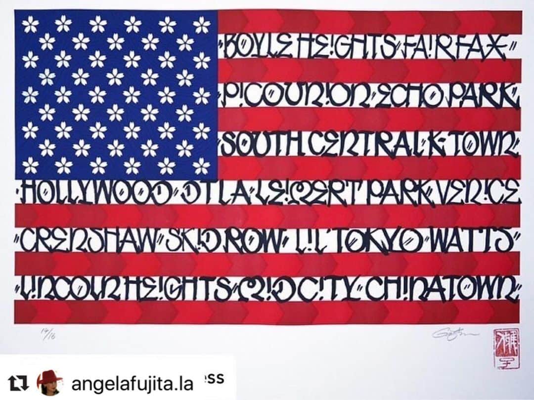 デヴィッド・アークエットさんのインスタグラム写真 - (デヴィッド・アークエットInstagram)「Flag by @gajinfujita.la @kidsgonebadla Hope you had a safe 4th  #Repost @angelafujita.la with @make_repost ・・・ #GajinFujita flashback letterpress print “United Streets of L.A.” •Repost• @aardvarkletterpress Bert Green Fine Art and Aardvark Letterpress are pleased to announce limited hand letteredpressed prints entitled, "United Streets of L.A." by Los Angeles-based artist Gajin Fujita (@gajinfujita.la ). Fujita has created a 4-color letterpress print of a stylized US flag, with sakura cherry blossom-shaped, foil stamped "stars" and hand lettering calling out various neighborhoods of Los Angeles in his signature style. The flag design uses traditional Japanese design motifs. As each print is different, all the available prints are shown here. The pattern of the sakura can be seen in the detail shot; they are reflective and read best when seen from an angle. These limited prints are for sale on @bertgreenfineart website. . . #angelafujita #art #july4th #la #spraypaint #2020」7月5日 17時32分 - davidarquette