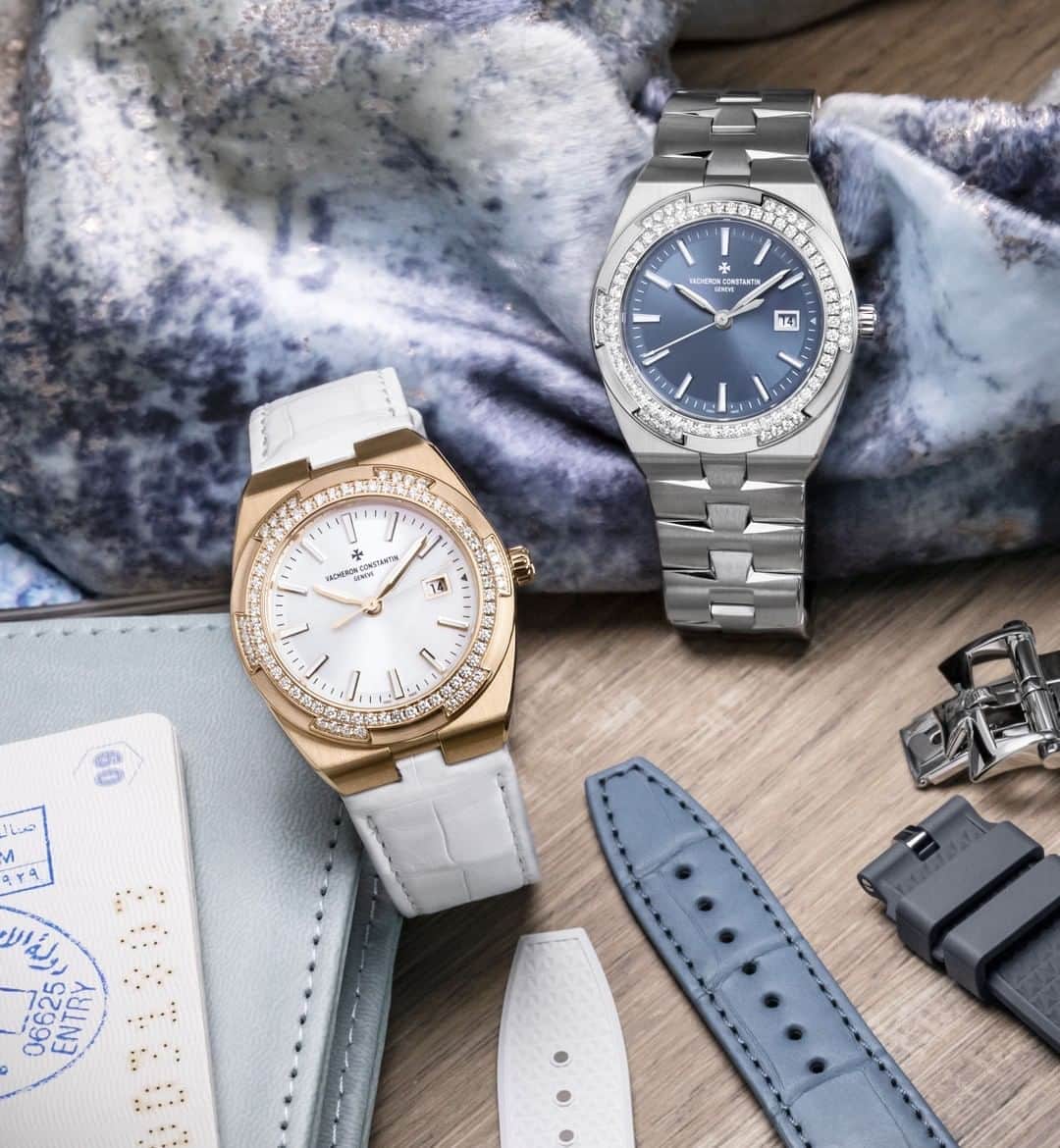 のインスタグラム：「⁣Summer feeling 🌊⠀ ⠀ The Overseas collection embraces its feminine side. These two Overseas models welcome time on a silver-toned lacquered dial for the version in 18K 5N pink gold and an original denim blue lacquered dial for the steel variation. The six-sided bezels adorned with “brilliant”-cut diamonds light up the path of the hands and the date appearing at 3 o’clock.⠀ ⠀ ⠀ ⁣#VacheronConstantin #OneOfNotMany #vacheron #thehourlounge #watches #watch #watchesofinstagram #horology #watchoftheday #instawatch #geneva #swissmade #swisswatch #watchesofinstagram #luxury #luxurywatch #VCoverseas #summer」