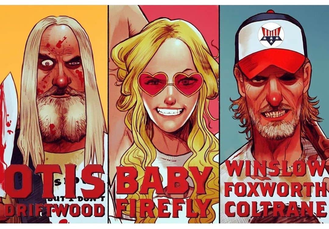 ロブ・ゾンビのインスタグラム：「Killer 3 From Hell art by @peppyohare ! #robzombie #sherimoonzombie #billmoseley #richardbrake #3fromhell」