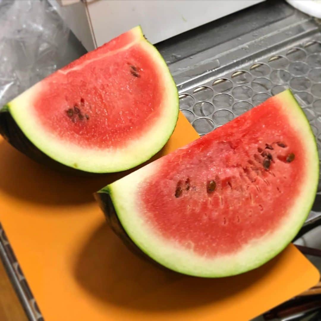馬渕史香のインスタグラム：「おばあちゃんの畑でとれたすいか🍉 甘いよ〜 . もうこんな時期ですね」
