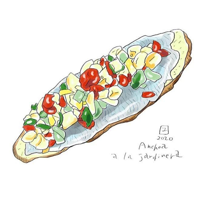 カワハラユキコさんのインスタグラム写真 - (カワハラユキコInstagram)「【イワシの庭師風/Various vegetables on sardine】 🇪🇸 これも書籍カバー用イラストより。サンセバのイワシバル「bar txepetxa」の人気ピンチョ。これ大好き。 🇪🇸 This is a sardine pincho from the bar "bar cxepetxa" in San Sebastián 🇪🇸 #バスク #サンセバスチャンバル巡り  #サンセバスチャン #スペイン料理  #スペインバル  #ピンチョス  #スペイン旅行  #スペイン語  #バルめぐり #旅ごはん #飲酒タグラム  #食べ物イラスト  #食べ物グラム  #spain  #basque #sansebastian  #pinchos  #foodie #bar #bartxepetxa 🇪🇸 私のヘタレ英語が間違ってるときも教えてくださいませ🙇」7月6日 6時45分 - yukky_kkk