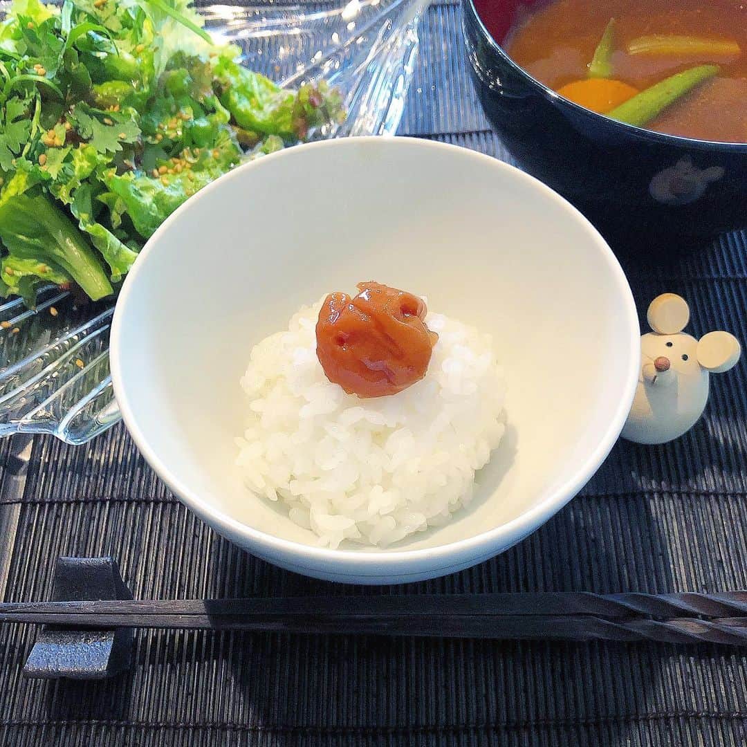 榊山敬代のインスタグラム：「🍚🥢🇯🇵… ・ 週末のパスタランチは 最近おやすみ中でして  和食とモリモリサラダの巻  特に最近は梅干し＋白米の 組み合わせのトリコになり  スッパイ梅肉とつやつやなお米さんを 一緒にほうばるとモチモチ甘くなって もうひと口もうひと口と癖になる感じ  #しばらくマイブーム哉　… ・ ・ さてきのうは投票日でした  東京に住まわせていただき あらためてキモチ引き締め 貴重な一票へ未来こめる時  かえりみち  住まいのエントランスには 笹の葉へ短冊がゆれていて  短冊をのぞいてみますと  コロナが早く収束しますように 自分の夢より世の中への願いが キラキラとゆれているのでした  願い事は誰かのために 手を合わせられたらと  今ご縁のあるみなさまへ 心を寄せてみるのでした  今年は特におうち時間が大切な時期 だからこそ大切にしたい七夕時間也 ・ ・ 🎋💫… みなさまの願いが届きますように… ・ ・ #おうちごはん  #おうち大好き #enjoyhome ・ ・　 ・ ・　 #梅干し #梅 #plum #Japanese #rice #ご馳走 #白米 #おうちランチ  #ランチ #lunch  #おうちごはん #和食 #カレー #curry  #カレースープ #food #土鍋ごはん#artist  #器 #うつわ  #kitchen #cooking #日本画家 の #お料理こんなもん #投票日 #投票　#投票行ってきました」