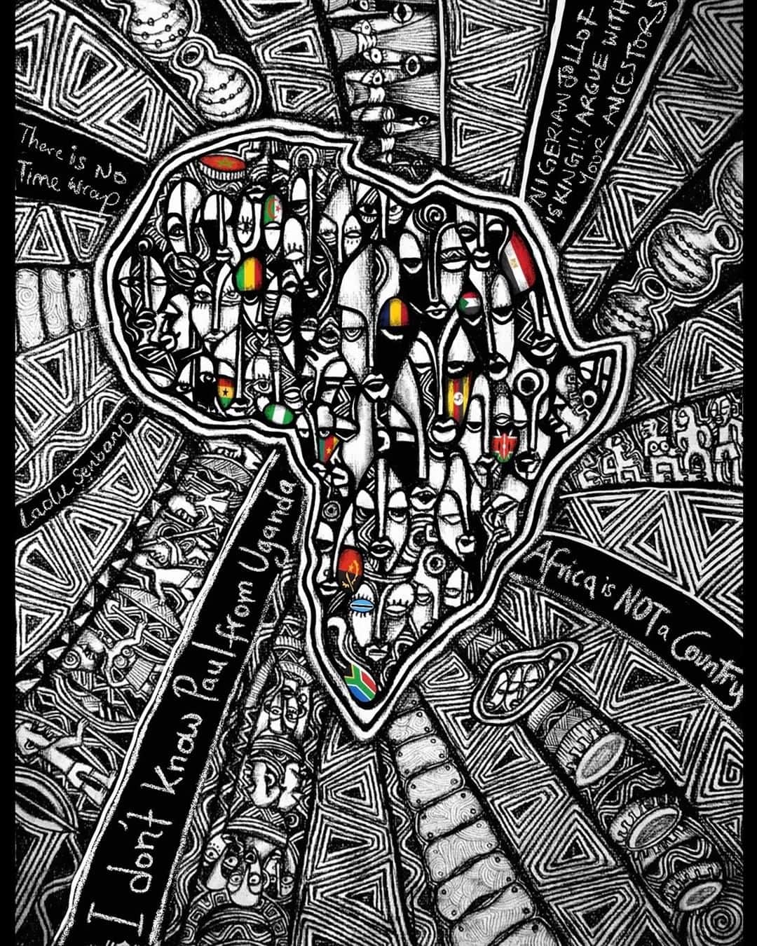 TED Talksのインスタグラム：「“Africa Is NOT a Country." That's a fact many people from the continent wish the rest of the world would recognize — and it's also the title of this image from Nigerian-bred, Brooklyn-based artist Láolú Senbanjo (@laolunyc). In her TED Talk, journalist and satirist Adeola Fayehun (@adeolafayehun) uses Senbanjo's striking work to emphasize that African nations have all the skills, intellect and resources they need to take their rightful place on the world stage. So what is the real problem holding Africa back and how can its *54* countries truly unleash their potential? It’s a matter of leadership, according to Fayehun: "Africa is like a sleeping giant," she says. "I am trying to wake up this giant. That's why I air the dirty laundry of those in charge." Head to the link in our bio to watch her talk.」