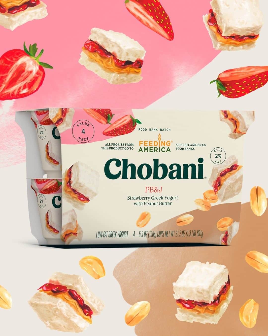 Chobaniのインスタグラム：「Our new snack supports food banks. Introducing Food Bank Batch PB&J 🥪🍓, strawberry Greek Yogurt layered atop peanut butter tastes just like a PB&J sandwich. 100% of the profits from every 4-pack purchased go to @feedingamerica*.」