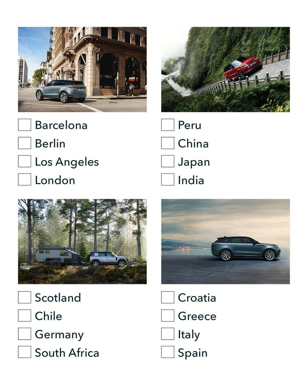 Land Roverさんのインスタグラム写真 - (Land RoverInstagram)「Our vehicles are built to explore and they’ve helped us reach some far-flung places. Let us know where in the world you think these Land Rovers are (from the possible answers) - maybe you’ve been to a few on your adventures or recognise them from your bucket list. We’ll post the answers tomorrow. Tap the link in our bio for a printable version.   #LandRover #AdventureCalling  #Adventure  #OffRoad #4x4 #RangeRover #Velar #Discovery #Evoque #DEFENDER #RangeRoverSport」7月7日 1時00分 - landrover