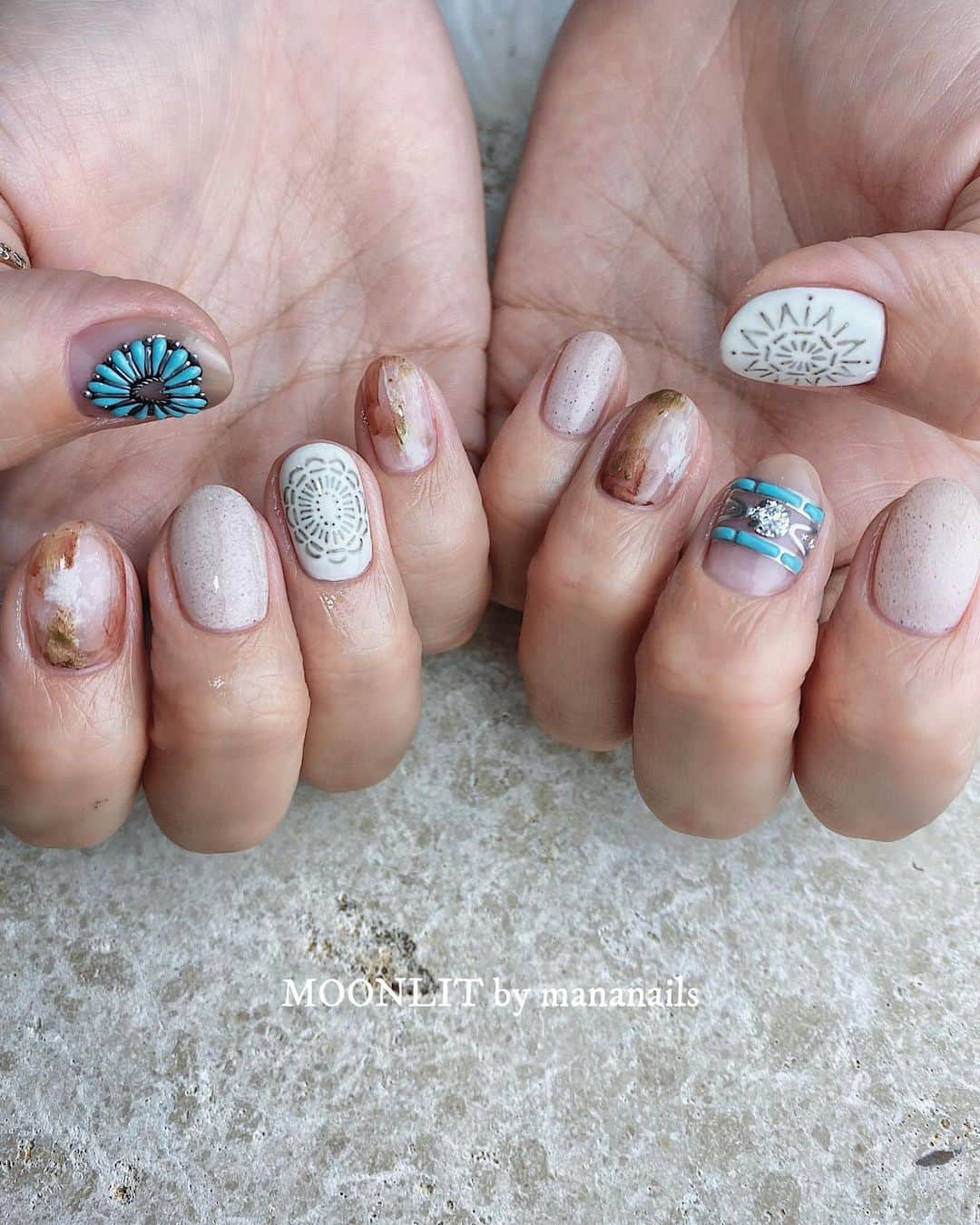 mananailsさんのインスタグラム写真 - (mananailsInstagram)「turquoise × antique tile ㅤ ☾120min design」7月7日 12時23分 - mananails