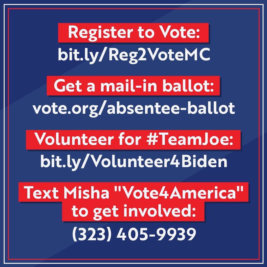 ミーシャ・コリンズさんのインスタグラム写真 - (ミーシャ・コリンズInstagram)「Let’s team up to shape the future of America! Here’s how:   Register to Vote: bit.ly/Reg2VoteMC Get Your Ballot: http://vote.org/absentee-ballot   Volunteer for #TeamJoe: http://bit.ly/Volunteer4Biden   Text me “Vote4America” to learn more: (323) 405-9939  #teamjoetalks」7月7日 6時57分 - misha