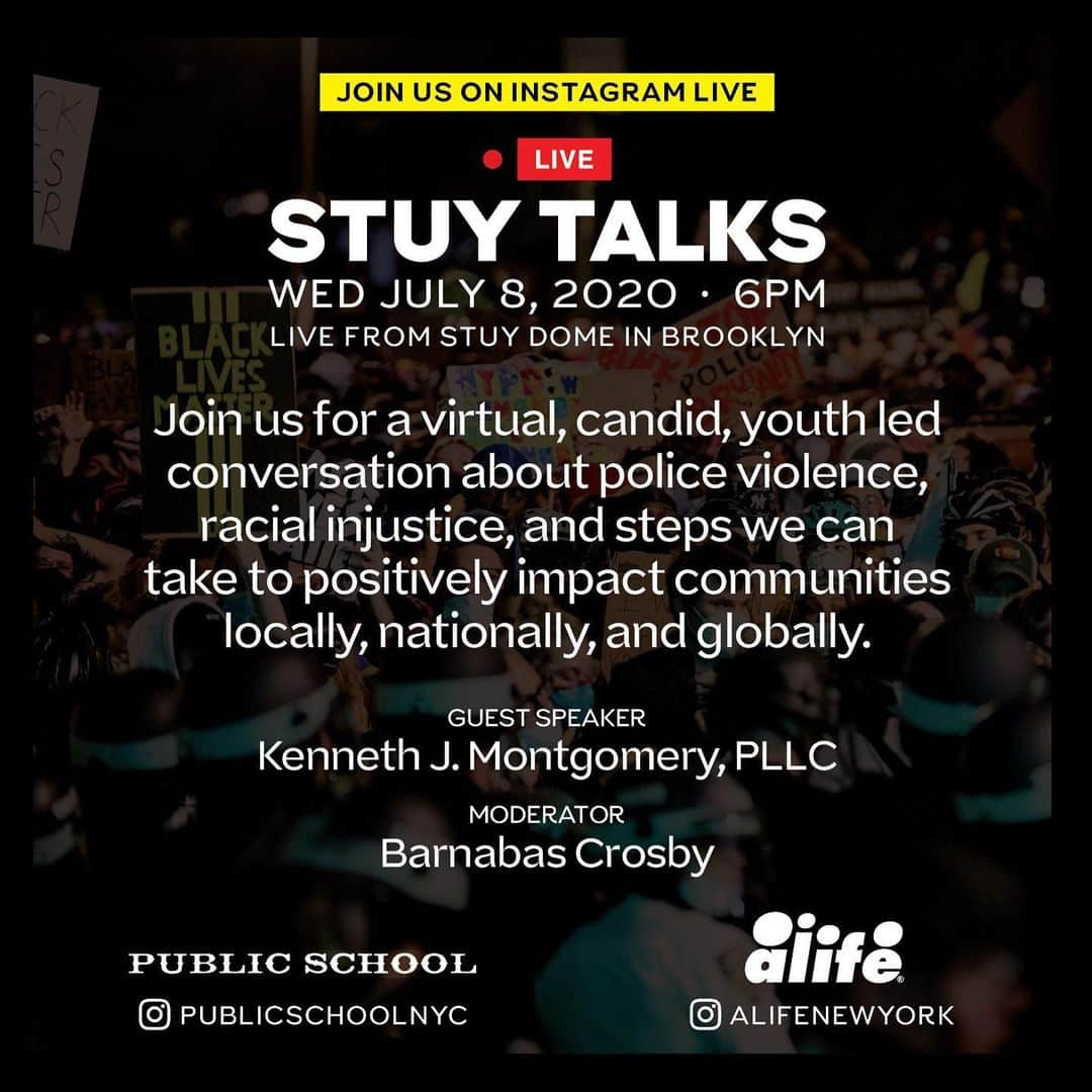パブリックスクールのインスタグラム：「We’ve always believed that change happens at the local level first. Beginning with yourself, organizing within your individual spheres of influence, including family, neighborhood and community, leads to strong foundations that movements get built off of.   We’re witnessing a moment in history when the most affected members of our community are leading the fight for justice and equality with relentless strength, vigor, wisdom and grace. It’s time to get out of their way and listen.  In conjunction with Brooklyn Scholar Athletes and Brooklyn Combine we’re proud to help present #Stuytalks , the first in a series of candid conversations on social injustice, police violence and racism in America centered on the empowerment of our community’s youngest voices. These youth-led discussions aim to provide a perspective directly from the generation helping to lead in these unprecedented times.  Join guest speaker @kjmpllc and moderator @bizibarn this Wednesday, July 8th at 6pm on our IG LIVE and on @alifenewyork LIVE to hear from some of our young Black men and women leaders about steps we can take to positively impact our communities and subsequently the world.」