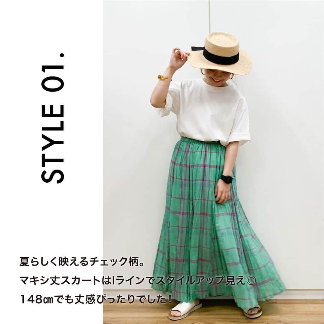 ［.st］ / ドットエスティさんのインスタグラム写真 - (［.st］ / ドットエスティInstagram)「【under 155㎝】Recommend 低身長staff summer styling vol.1 ﻿ ﻿ 今回148㎝のsaitoさん （@saito_clip）のスタイリングをご紹介﻿♡ ﻿ ﻿ スタイルアップのポイントは、﻿ ぜひ今日から取り入れてみてくださいね。﻿ ﻿ ﻿ -style point-﻿ ﻿ style①﻿ 夏らしく映えるチェック柄。﻿ マキシ丈スカートはIラインでスタイルアップ見え◎﻿ 148㎝でも丈感ぴったりでした！﻿ ﻿ ﻿ style②﻿ 大人気の高山郁さんとのコラボアイテムのブラウスは大人っぽくブラックを。﻿ 甘過ぎないレースが素敵です。﻿ ﻿ ﻿ style③﻿ 体型カバーもばっちり！なゆるトップスに、シックなチェックパンツでこなれ感◎﻿ ﻿ ﻿ style④﻿ 重たくなりがちな、夏のオールブラックコーデはサンダルやアクセサリーで夏色を挿し色にするのがポイント。﻿ ﻿ ﻿ 画像をタップして、ショッピング🛒 ————————————————————————﻿ ﻿ ﻿ #低身長#低身長コーデ #スタッフコーデ#着回し#着回しコーデ #コーデ #トレンド #コーディネート#パンツ#カジュアル #カジュアルコーデ #マキシスカート #パンツ#サンダル#新作#夏コーデ #夏トレンド #dotst #ドットエスティ #adastria#アダストリア #おちびの輪 #おちびコーデ #155cmコーデ #155cm #148cmコーデ #148cm  #140cmコーデ」7月7日 13時49分 - dotst_official