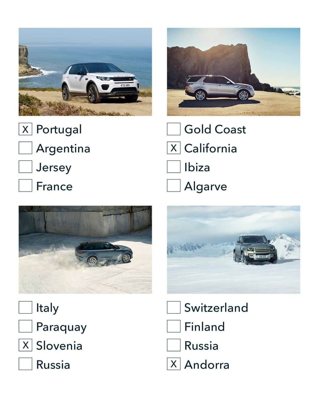 Land Roverさんのインスタグラム写真 - (Land RoverInstagram)「Did you guess correctly exactly where in the world our Land Rovers were located in the quiz on our last post? See the answers here.   #LandRover #AdventureCalling  #Adventure  #OffRoad #4x4 #RangeRover #Velar #Discovery #Evoque #DEFENDER #RangeRoverSport」7月7日 21時49分 - landrover