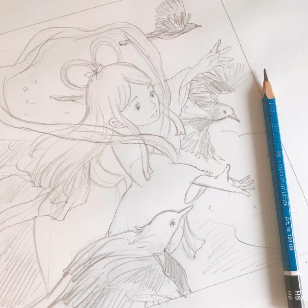 イラストレーター山崎牧子のインスタグラム：「七夕 今夜の天の川はきっと 地上からは見られないですね 織姫が空の黒雲を全て取り除いて くれたらいいのに… 豪雨災害が早く鎮まりますように #七夕#織姫#イラスト#カササギ#天の川#豪雨災害#鉛筆#スケッチ#pencil#sketch#illustrator#illustration」
