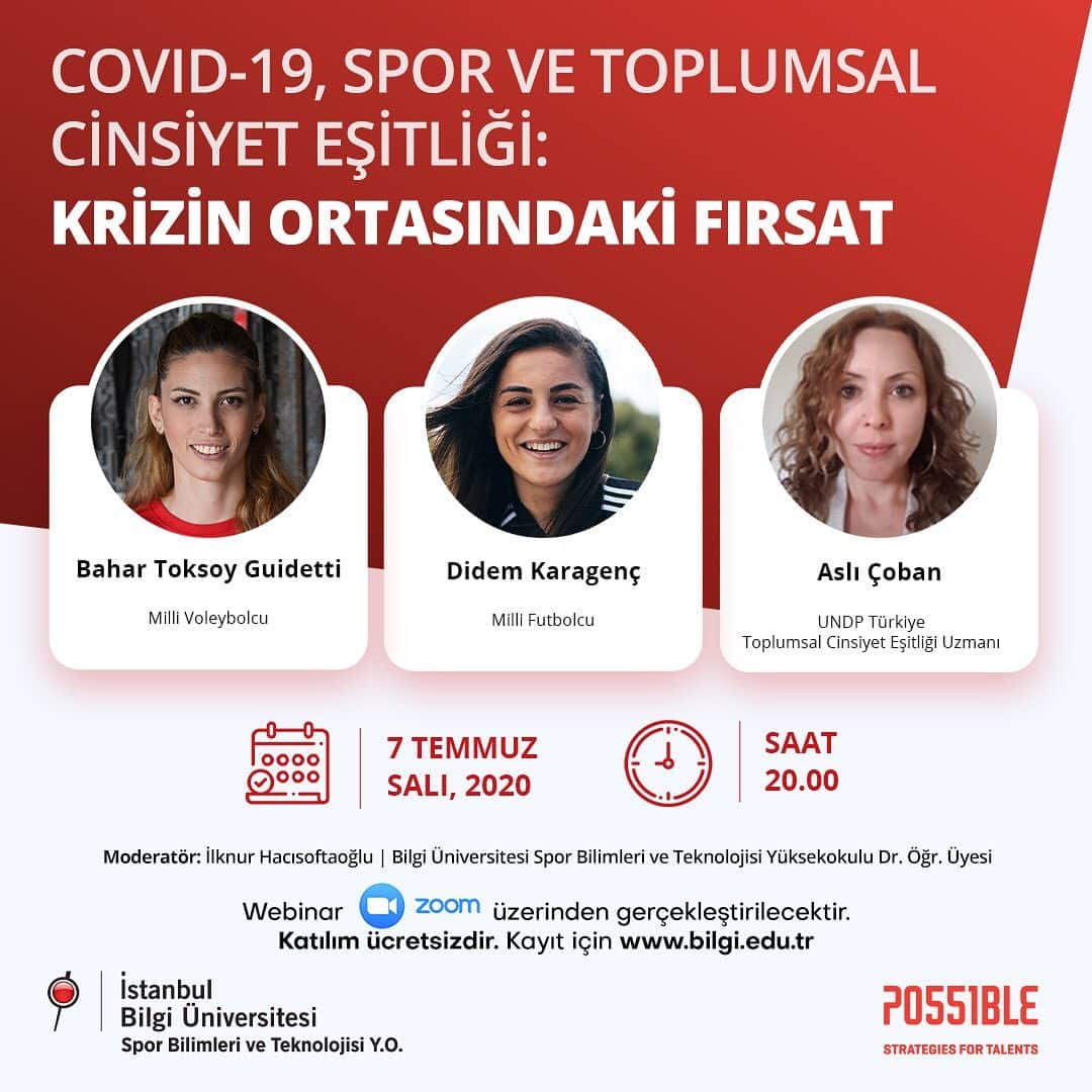 バハル・トクソイのインスタグラム：「Covid-19 salgını, spor dünyasını da ciddi şekilde etkiledi. Salgının saha içi olduğu kadar, finansal ve yönetsel değişiklikleri de beraberinde getirmesi bekleniyor. Peki bu kararlar alınırken, cinsiyet eşitliği adına hiç olmadığı kadar adil bir tutum sergilenmesi ihtimali var mı? Bu krizi fırsata çevirebilir miyiz, @karagenc3 ile konuşacağız. Bize katılır, görüş ve önerilerinizi paylaşırsanız çok mutlu oluruz. @undpturkiye」
