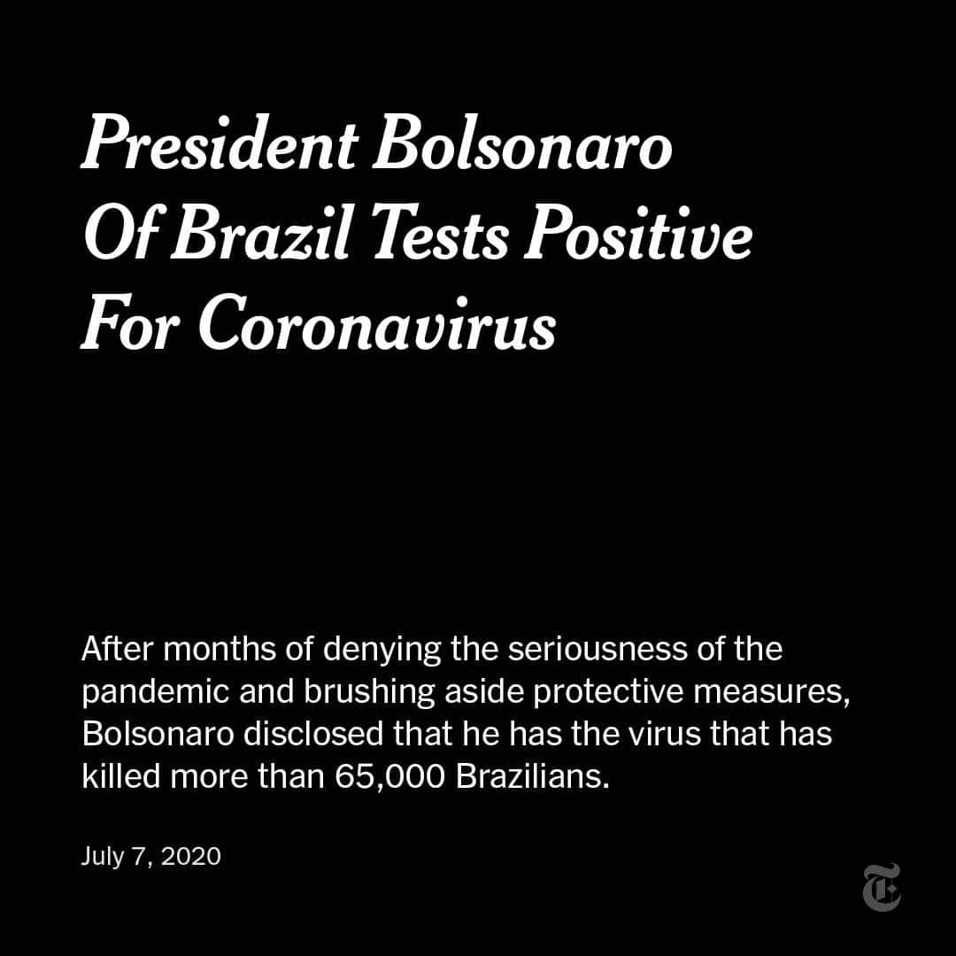 ニューヨーク・タイムズさんのインスタグラム写真 - (ニューヨーク・タイムズInstagram)「President Jair Bolsonaro disclosed on Tuesday that he has the coronavirus, a development that turbocharged the debate over his cavalier handling of a pandemic that has killed more than 65,000 Brazilians.  Bolsonaro, 65, took a test on Monday night after experiencing symptoms of Covid-19, including a fever.  Even as several of Bolsonaro’s aides have tested positive for the virus in recent months, the president has often eschewed precautions such as wearing a mask and practicing social distancing. Most recently, he attended a luncheon hosted on Saturday by the American ambassador in Brazil to celebrate the Fourth of July holiday.  Tap the link in our bio for the latest on this developing story.」7月8日 1時05分 - nytimes