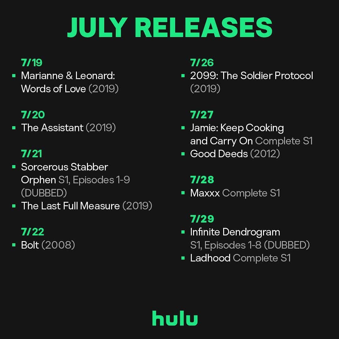 Hulu Home of Emmy-winningさんのインスタグラム写真 - (Hulu Home of Emmy-winningInstagram)「In case you ran out of things to watch... July releases are here! Comment below what you want to see next month 👇」7月8日 3時58分 - hulu