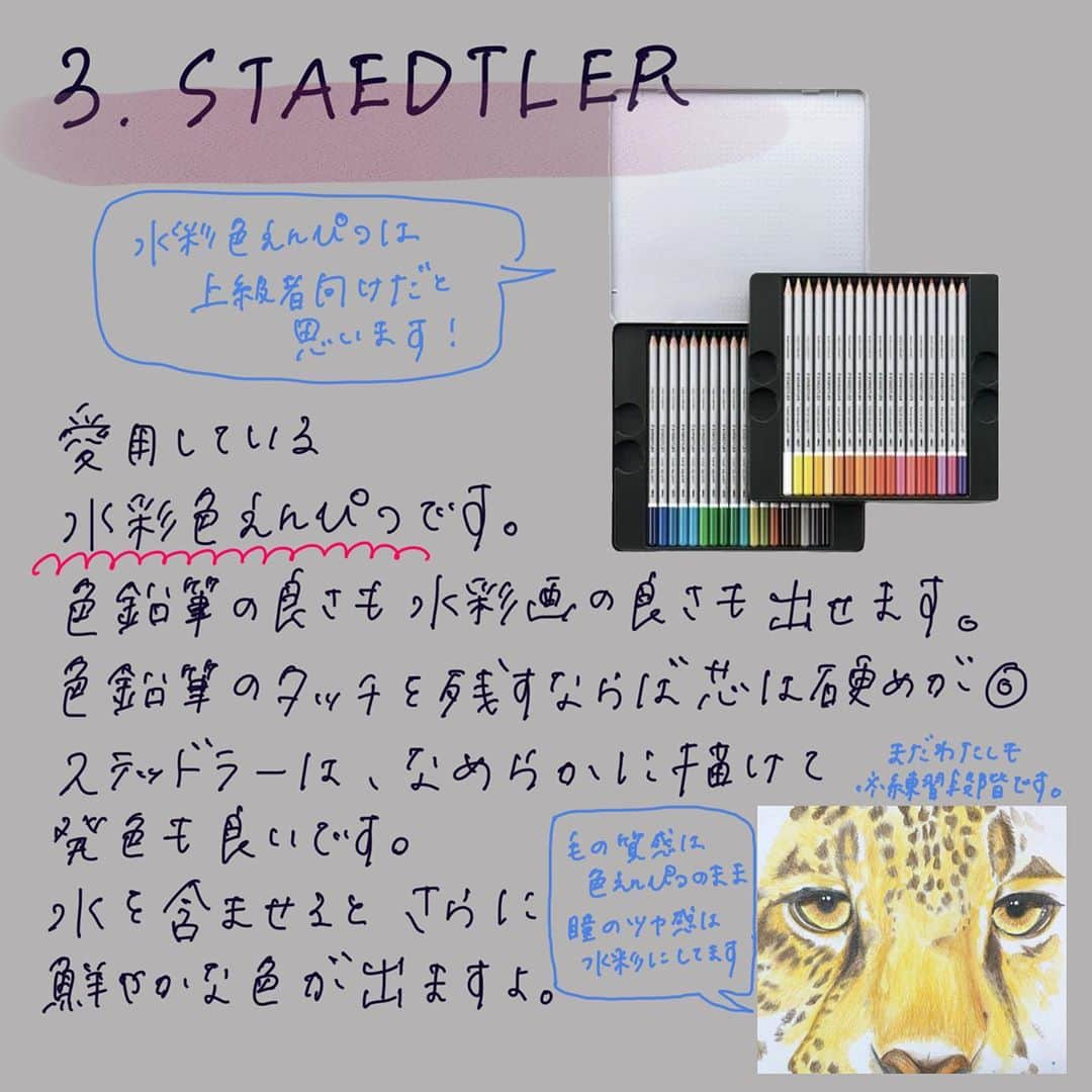 伊東楓さんのインスタグラム写真 - (伊東楓Instagram)「使用している色鉛筆について。  色鉛筆にもいろんな質感があって、 紙との相性もあります。 紙のキメが細かい場合はプリズマカラーなどの柔らかい色鉛筆が合いますが、スケッチブックのように表面が荒い紙には、より芯の硬い色鉛筆を選ぶと良いです。 参考になる部分があればうれしいです。  みなさんのおすすめもあれば 教えてください🥺  質問送ってくださって ありがとうございます！  #色鉛筆　#愛用品 #愛用色鉛筆 #色鉛筆画 #色鉛筆イラスト  #art #artwork #kunst #kunstwerk」7月8日 4時26分 - kaede_ito004