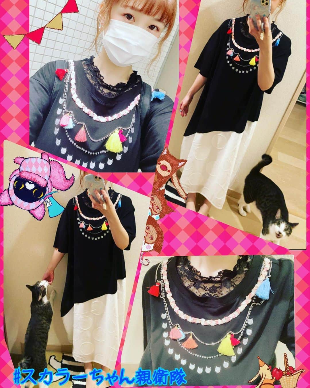 桜咲千依のインスタグラム：「スカラーさんから6月分のプレゼント頂きました( *´꒳`* )❤  猫の刺繍がしてあるっ！🐈🐈🐈 ビーズや飾りがついててハデカワです❤ スカートの部分もドット柄になっててめちゃくちゃ可愛い～☺ 首元にレースのインナー合わせて着るのがお気に入りです🐈❤  146センチの私が着て足首ちょい上くらいなので、ワンピースで着れるしダボッとお洋服かなり好き(❁´ω`❁)  今回もあさりの｢何してるのー？｣が炸裂してました🐈  #ScoLar #スカラー #iSScoLar #ScoLarparity #scolar_ootd #ハデカワ #個性的 #着るアート #スカラーちゃん親衛隊」