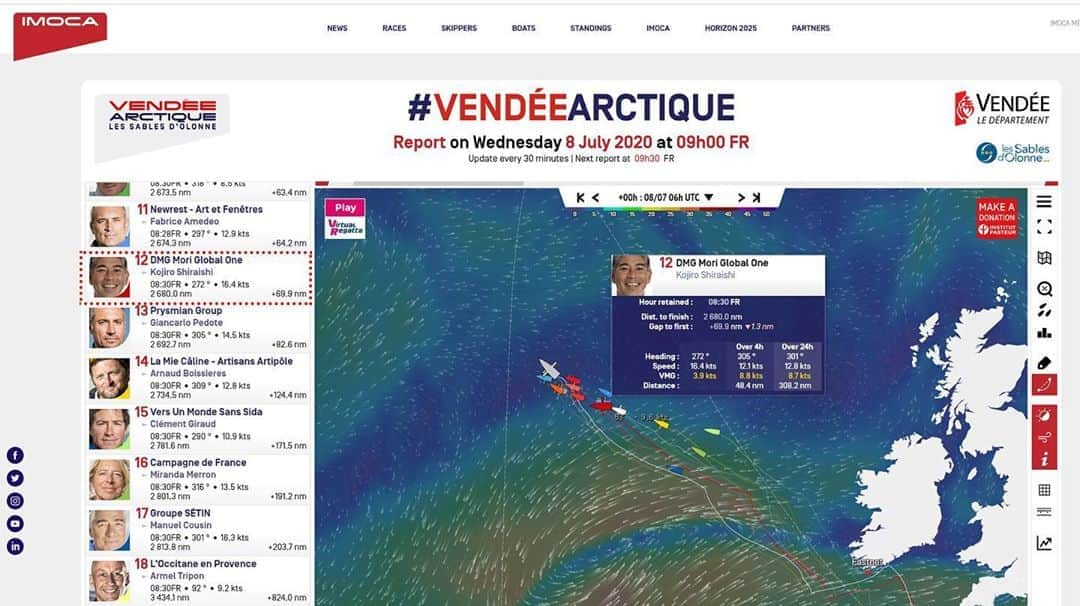 白石康次郎さんのインスタグラム写真 - (白石康次郎Instagram)「7/8(水)17:00時点 「VENDÉE-ARCTIQUE-LES SABLES D’OLONNE」#5   DMG MORI Sailing Teamの白石は、TOPと約70nm差の第12位です。 引き続き応援よろしくお願いいたします。  ■トラッキングサイト https://www.imoca.org/en/races/imoca-globe-series/vendee-arctique-les-sables-d-olonne  #dmgmori #dmgmorisailingteam #dmgmoriglobalone #globalone #imoca #vendeeglobe #vg2020 #白石康次郎 #ヴァンデグローブ #DMGMORIセーリングチーム #DMG森精機」7月8日 17時04分 - kojiro.shiraishi