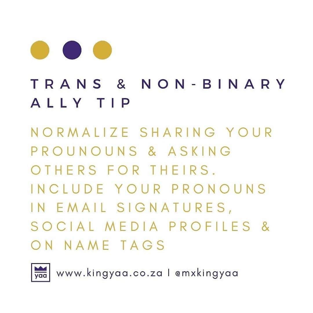 ミッキー・サムナーのインスタグラム：「Last night, I was spending time with new friends who asked me my pronouns.  I’ve never been asked my pronouns before. It felt good to be asked. My pronouns are she/her (now in my insta bio). 💕  Thank you @mxkingyaa for this amazing education.  TRANS & NON-BINARY ALLY TIP  Normalize sharing your pronouns & asking others for theirs. Include your pronouns in email signatures, social media profiles & name tags  Listen. Do you have any idea what a big deal it is for cisgender folx to lead in offering their pronouns and normalize asking?? If a trans and non-binary person is afraid of being misgendered, which is OFTEN the case, and a thoughtful person gently offers theirs and asks for others, it gives trans and non-binary folx an opportunity to share without it feeling like a new and weird concept.  Let us start normalizing that we can't make assumptions. That you can't look at someone and know what their gender is. You can't know someone's gender by the way that they dress, their hair style, their voice, their name, their anatomy, by their relationship name (mom/dad/smuncle/niece/nephew/partner etc). The only way to know what someone's pronouns are is to ASK! "Hey! My name is king yaa. My pronouns are they, them, king! What's your name and pronouns?" Alternatively, you can say "I use they/them/king! pronouns. How about you?" In my profiles, I include my pronouns. And I appreciate when people contact me and I know what theirs are. This may not be incredibly important when communicating with them, but it is helpful when speaking about them. "Hey. You really want to check out @_insearchofagarden. They have a great IG page and I think her content on trauma and yoga is dope!" **Note: I used they/she because Catherine shared their pronouns on their page!  I also want to share that even when you ask, that nobody owes you their pronouns. People decide when and if they feel safe to share or if they simply do not want to. And that is okay. So in group settings, when you've provided an opportunity for folx to share their pronouns after you have offered your own, if someone does not offer pronouns, that's cool.   www.kingyaa.co.za」