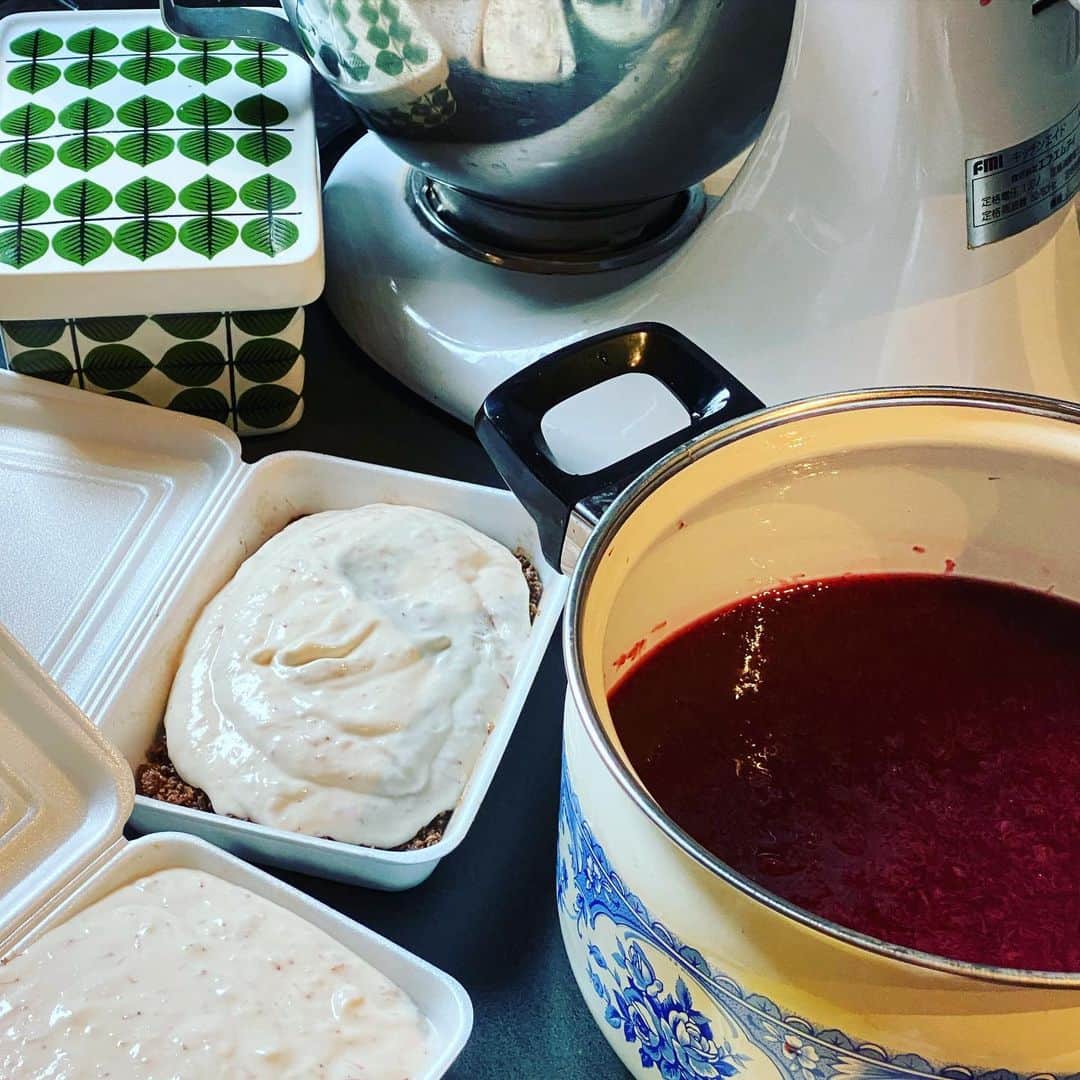 岡田美里さんのインスタグラム写真 - (岡田美里Instagram)「ヤマモモ🍒ジャムは種を取るのが大変な割にジャムとしては 「んー」なお味。  ふと思い立ってチーズケーキに混ぜてみたらこのヤマモモの酸味がジャストミート🍒 チョコレートとヘーゼルナッツのクランチを敷いて流してみました。 午後にきのこ王に試食してもらいます✨  今日は保健所に行ってきます🐝 #チーズケーキ #おべんとう箱入りチーズケーキ」7月8日 10時24分 - millieokada