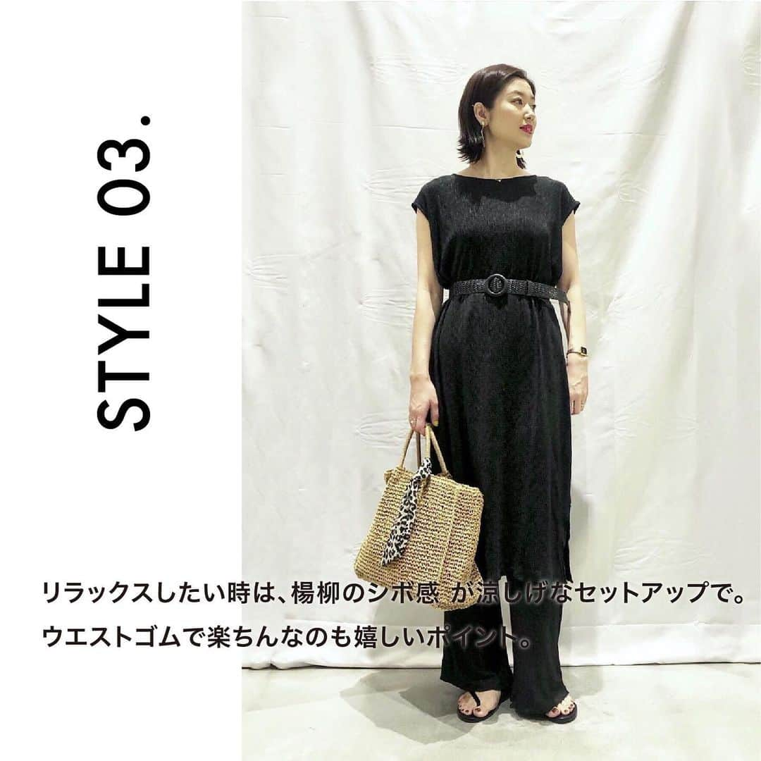 ［.st］ / ドットエスティさんのインスタグラム写真 - (［.st］ / ドットエスティInstagram)「【over 165㎝】Recommend 高身長staff summer styling vol.2﻿ ﻿ ﻿ 今回166㎝のm.a.k.oさん （@m.y____）のスタイリングをご紹介♡﻿ ﻿ ﻿ ﻿ スタイルアップのポイントは、﻿ ぜひ今日から取り入れてみてくださいね。﻿ ﻿ ﻿ -style point-﻿ ﻿ style①﻿ 夏のオールブラックは涼しげなリネン素材でトライしてみて。﻿ 気になる二の腕も、シャツの肩掛けでカバーできますよ。﻿ ﻿ style②﻿ ワンピースと花柄プリーツスカートをレイヤード。﻿ 足元はフラットサンダルで抜け感を出すと涼しげな夏コーデが完成。﻿ ﻿ style③﻿ リラックスしたい時は、楊柳のシボ感 が涼しげなセットアップで。﻿ ウエストゴムで楽ちんなのも嬉しいポイント。﻿ ﻿ style④﻿ ピンタックで美脚効果のあるストレートパンツはカラーに挑戦。﻿ ニュアンスカラーで上品にまとめると◎﻿ ﻿ ﻿ 画像をタップして、ショッピング🛒 ————————————————————————﻿ ﻿ ﻿ #高身長#高身長コーデ #高身長女子 #パンツ #セットアップ#ワンピース#美脚#美脚効果 #スタッフコーデ#着回し#着回しコーデ #166cmコーデ #166cm#コーデ #大人女子 #トレンド #コーディネート#夏コーデ #夏トレンド #dotst #ドットエスティ #adastria#アダストリア」7月8日 17時49分 - dotst_official